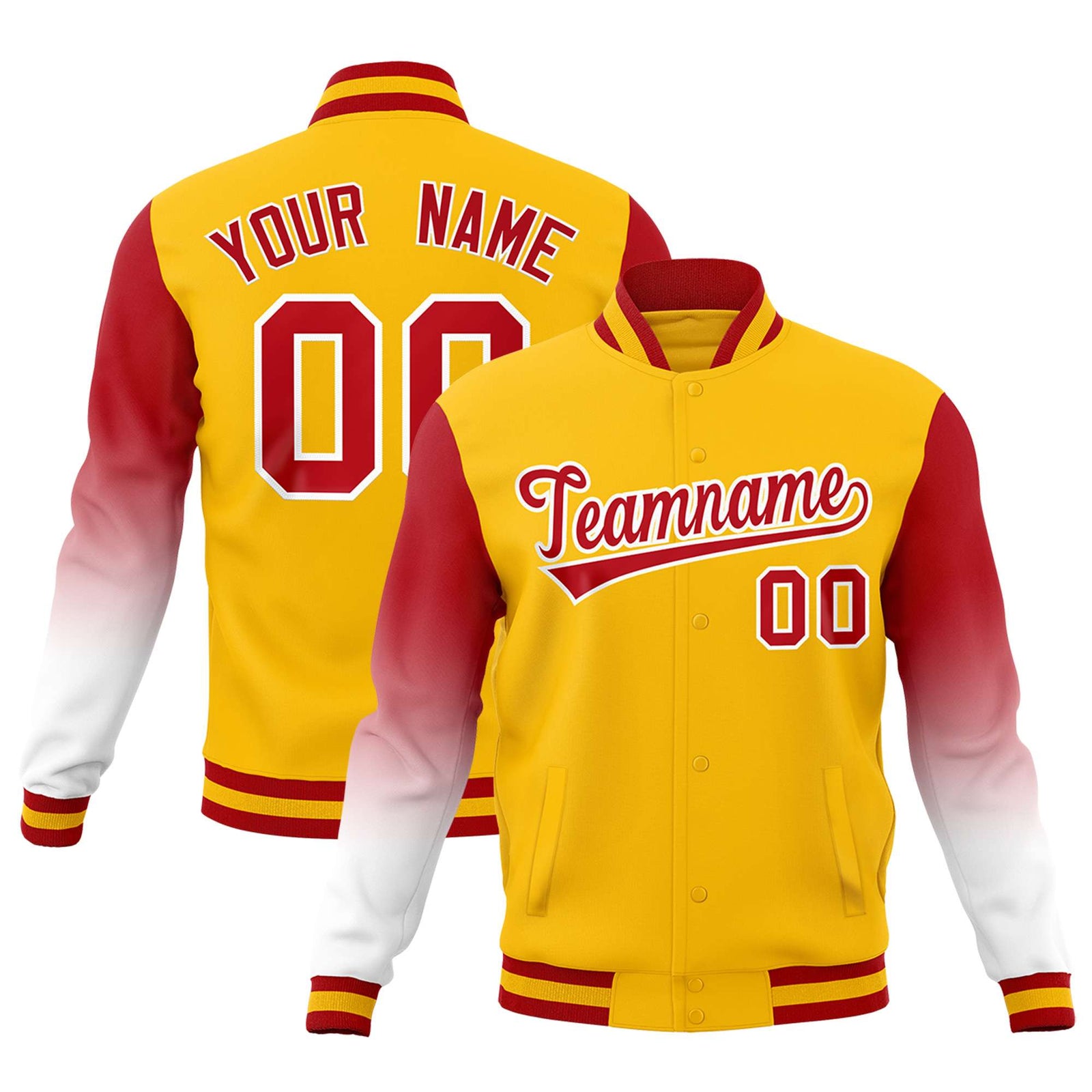 Custom Gold Red White Full-Snap Varsity Raglan Sleeves Gradient Letterman Jacket| KXKSHOP