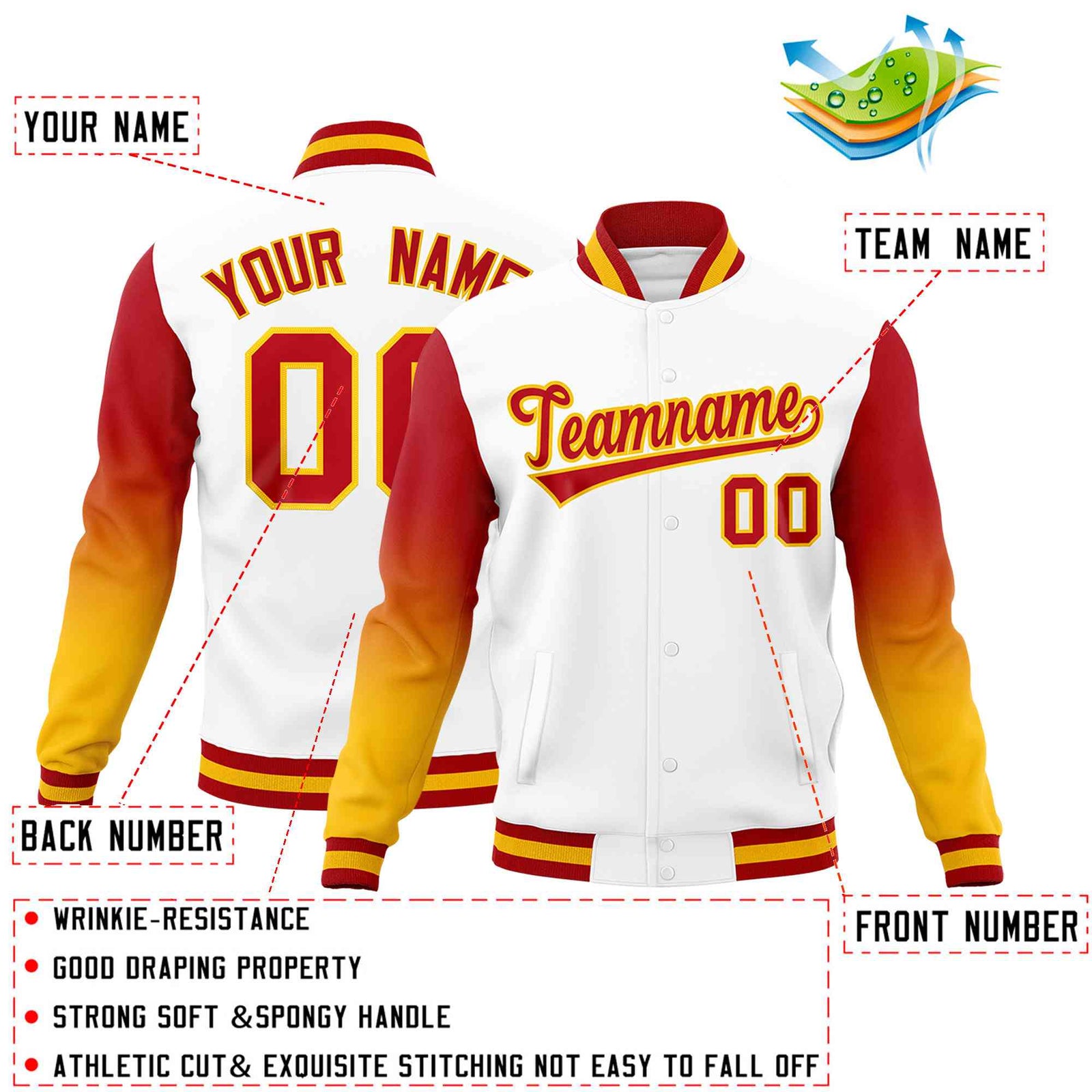 Custom White Red Gold Full-Snap Varsity Raglan Sleeves Gradient Letterman Jacket| KXKSHOP