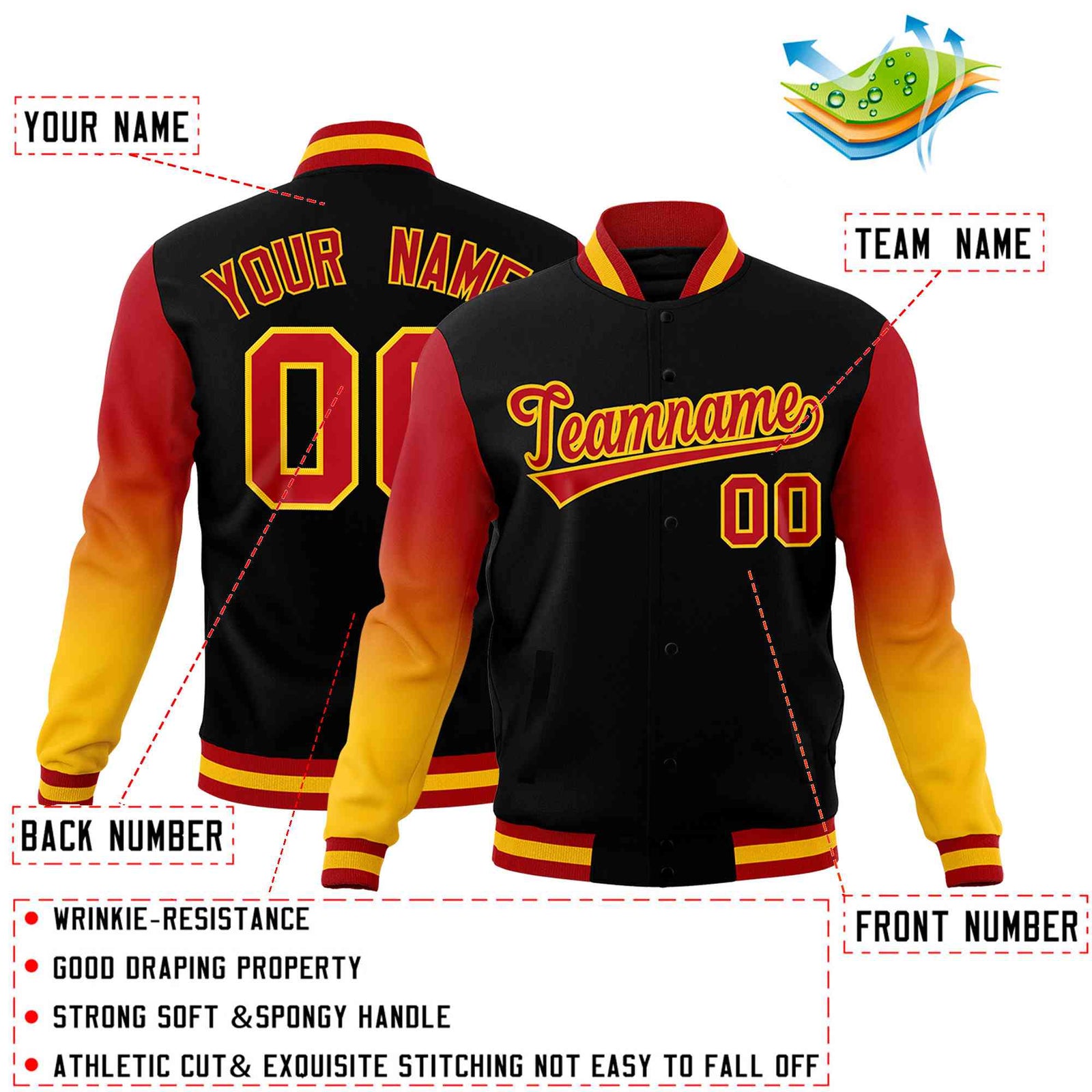 Custom Black Red Gold Full-Snap Varsity Raglan Sleeves Gradient Letterman Jacket| KXKSHOP