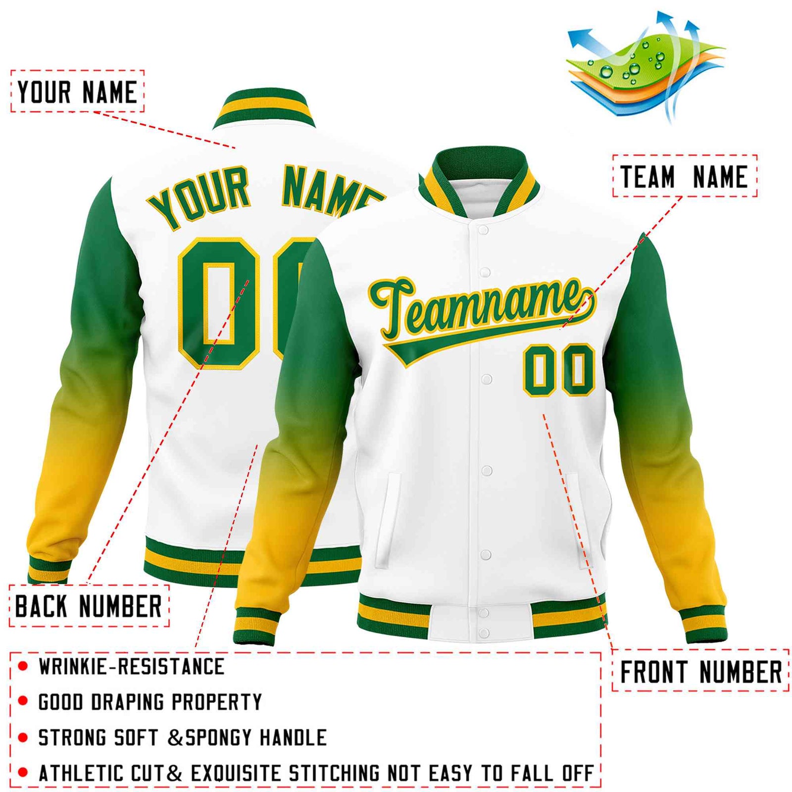 Custom White Kelly Green Gold Full-Snap Varsity Raglan Sleeves Gradient Letterman Jacket| KXKSHOP