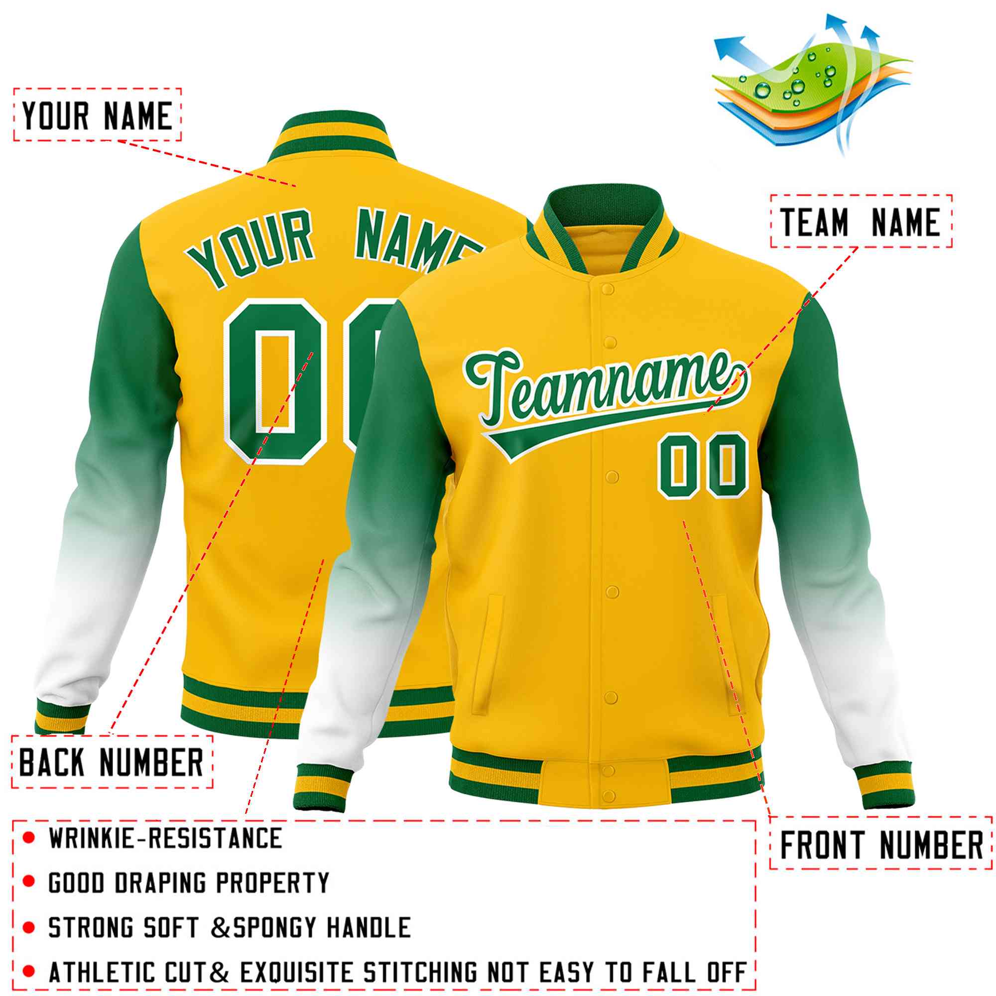 Custom Gold Kelly Green White Full-Snap Varsity Raglan Sleeves Gradient Letterman Jacket| KXKSHOP