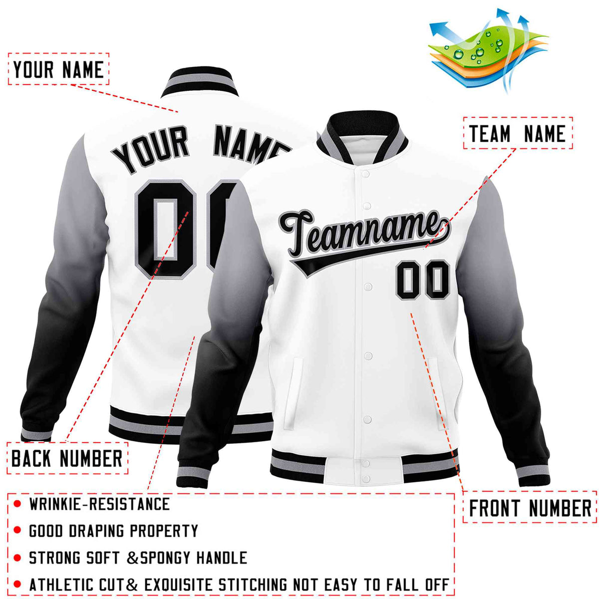 Custom White Black Gray Full-Snap Varsity Raglan Sleeves Gradient Letterman Jacket| KXKSHOP