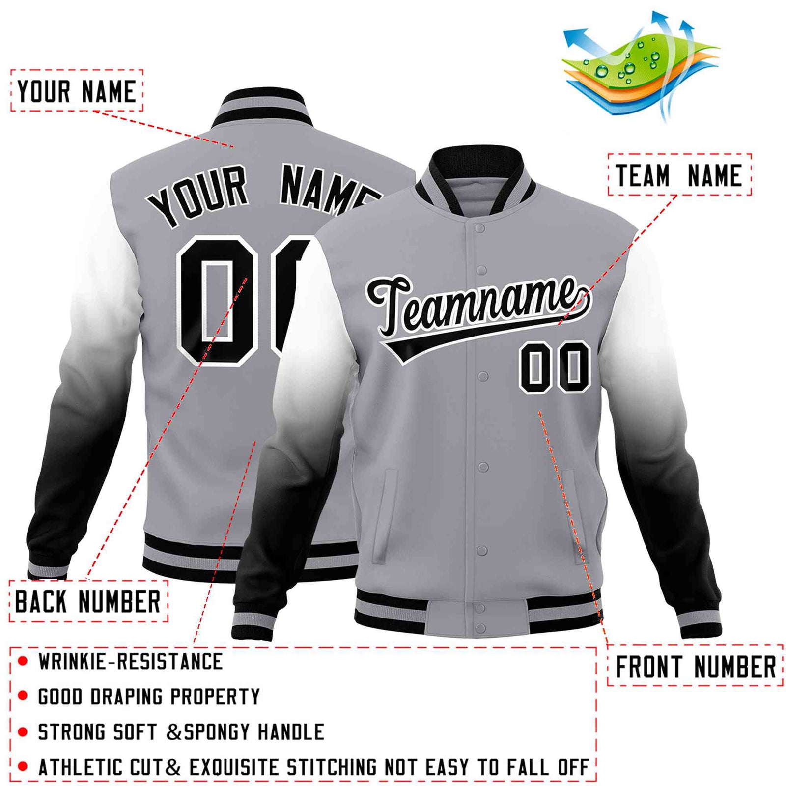 Custom Gray Black White Full-Snap Varsity Raglan Sleeves Gradient Letterman Jacket| KXKSHOP