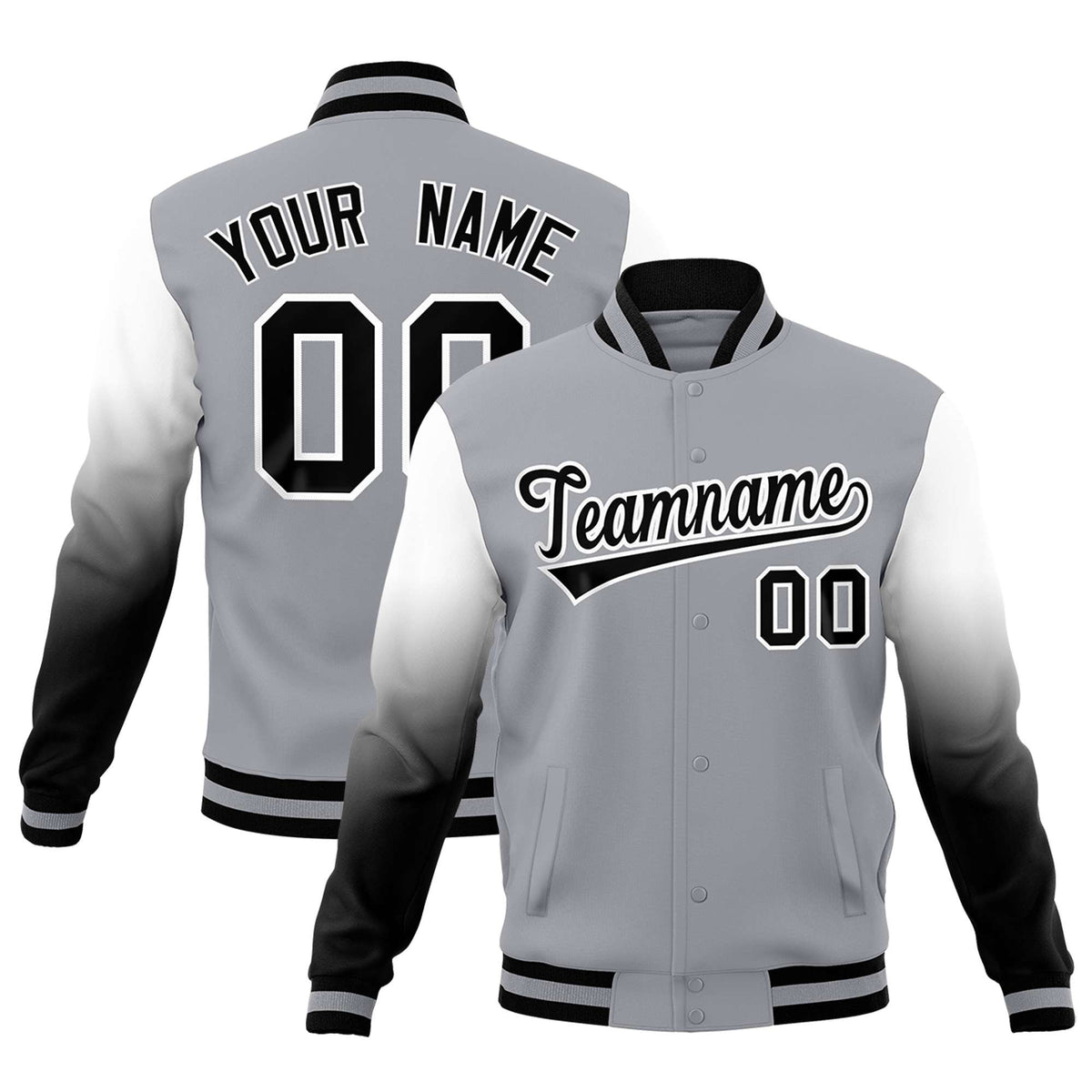 Custom Gray Black White Full-Snap Varsity Raglan Sleeves Gradient Letterman Jacket| KXKSHOP