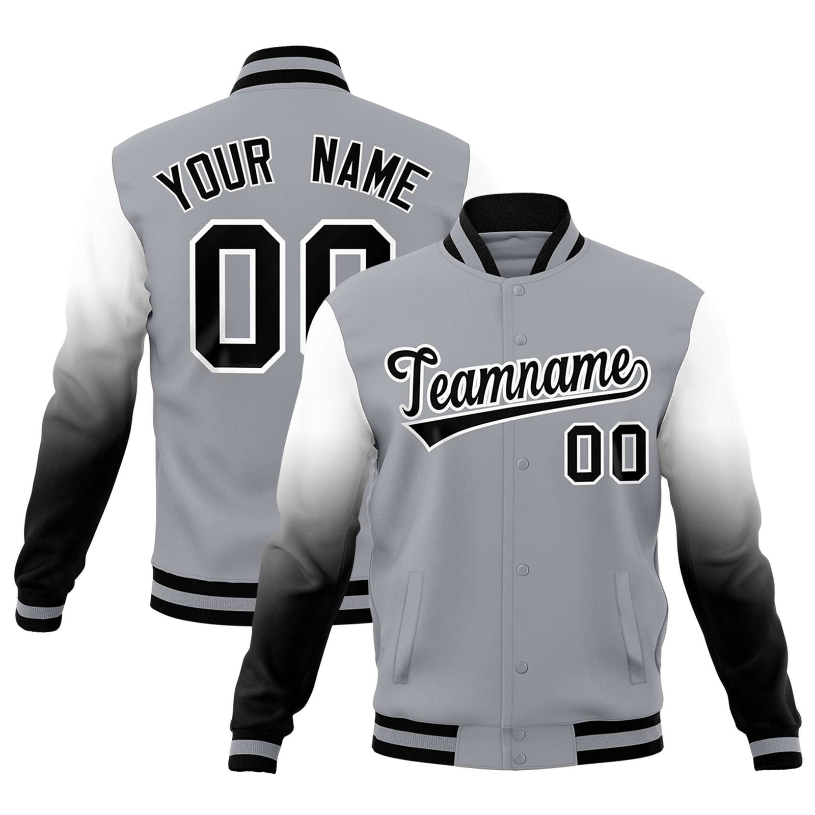 Custom Gray Black White Full-Snap Varsity Raglan Sleeves Gradient Letterman Jacket| KXKSHOP