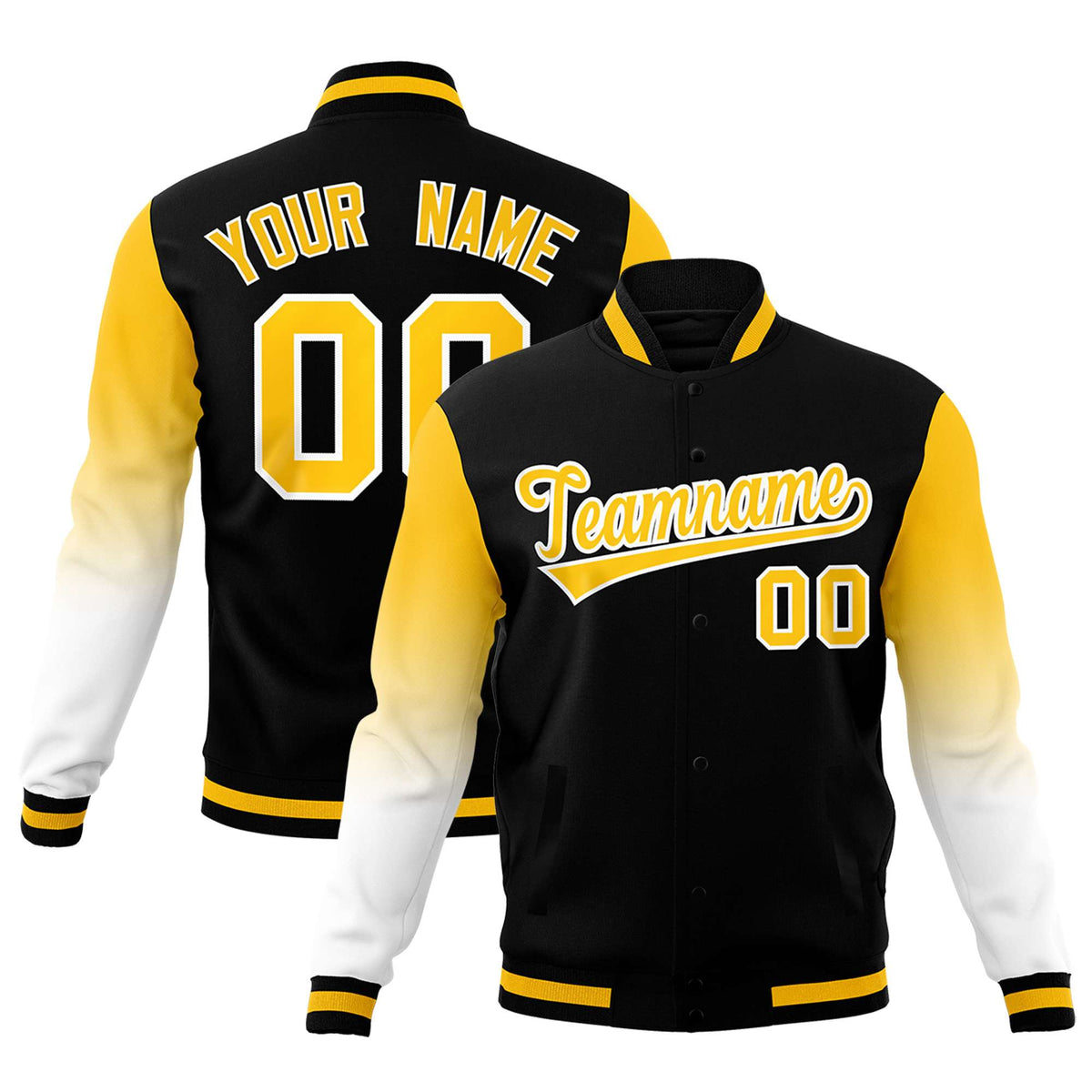 Custom Black Gold White Full-Snap Varsity Raglan Sleeves Gradient Letterman Jacket| KXKSHOP