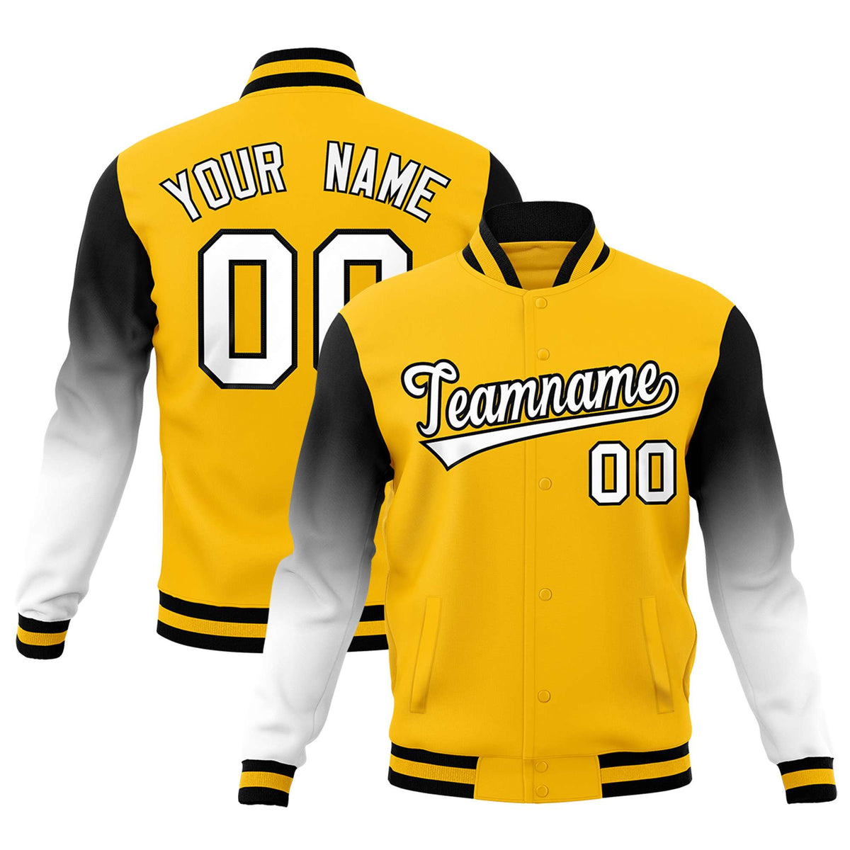 Custom Gold White Black Full-Snap Varsity Raglan Sleeves Gradient Letterman Jacket| KXKSHOP