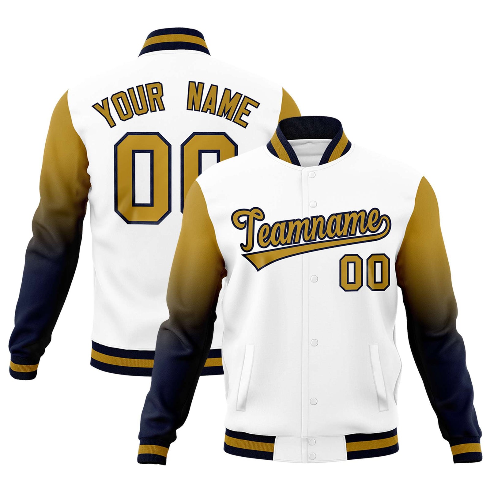Custom White Old Gold Navy Full-Snap Varsity Raglan Sleeves Gradient Letterman Jacket| KXKSHOP