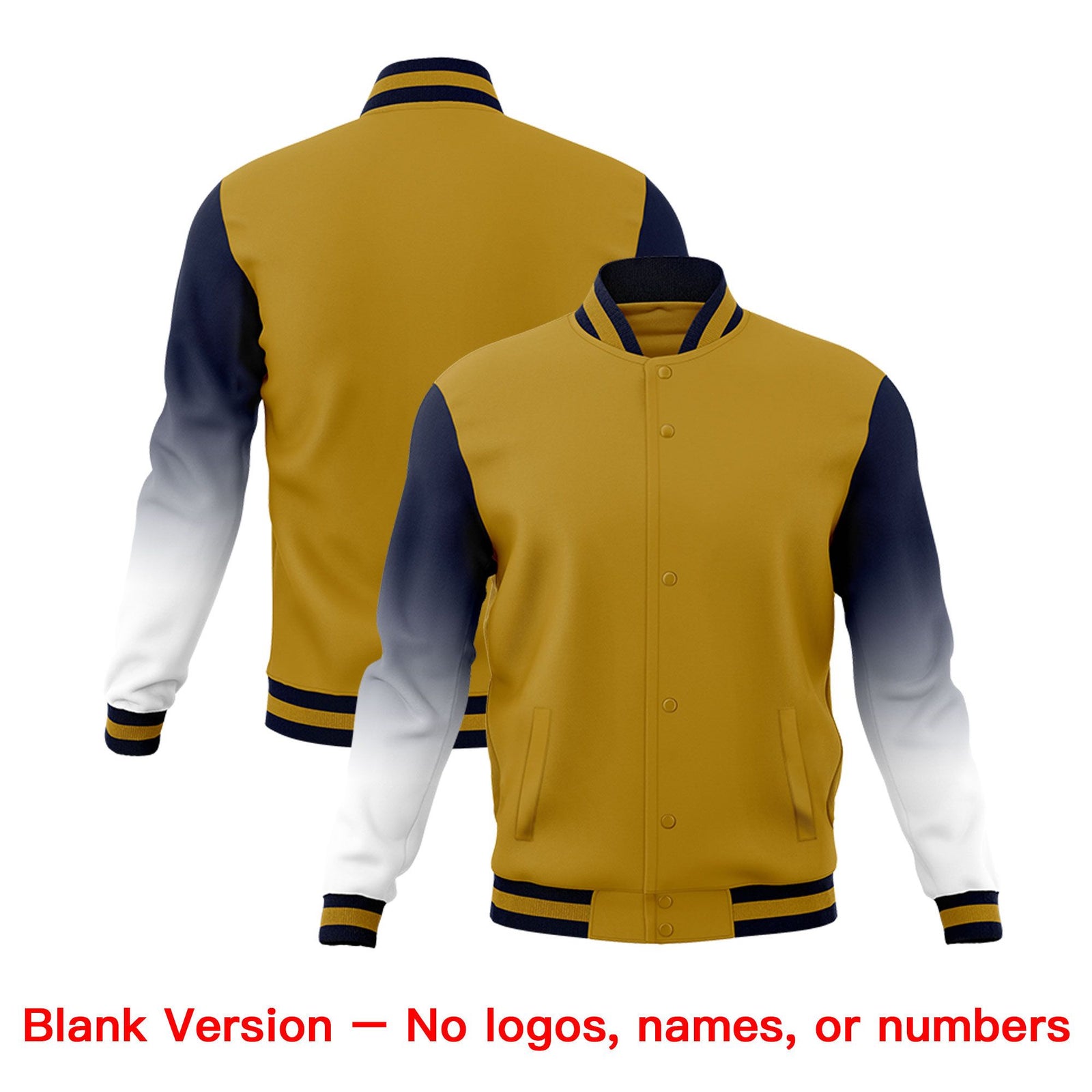 Custom Old Gold Navy White Full-Snap Varsity Raglan Sleeves Gradient Letterman Jacket| KXKSHOP