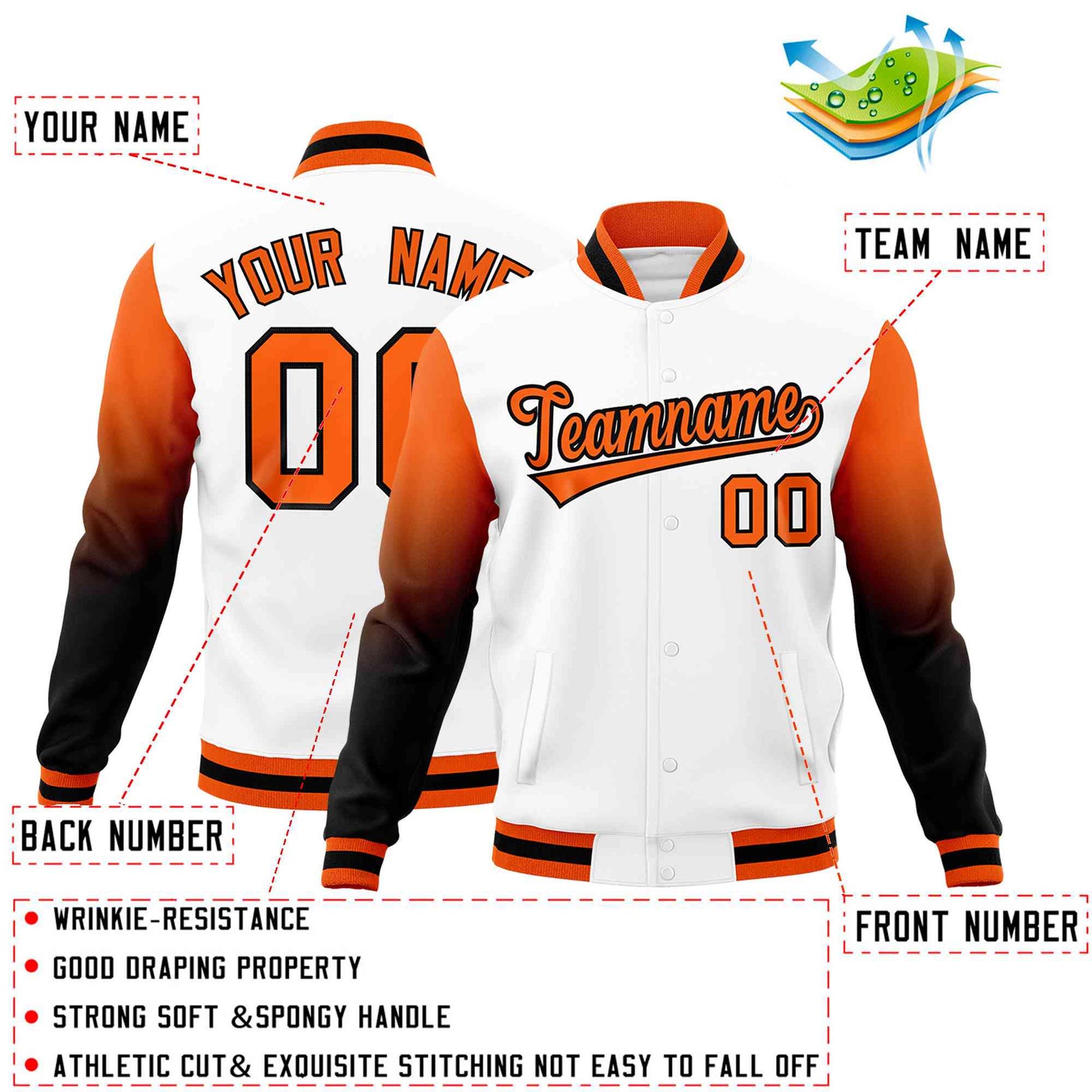 Custom White Orange Black Full-Snap Varsity Raglan Sleeves Gradient Letterman Jacket| KXKSHOP