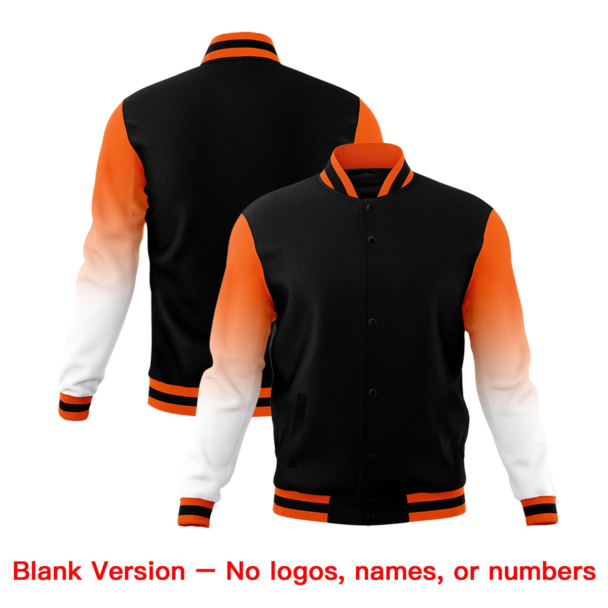 Custom Black Orange White Full-Snap Varsity Raglan Sleeves Gradient Letterman Jacket| KXKSHOP