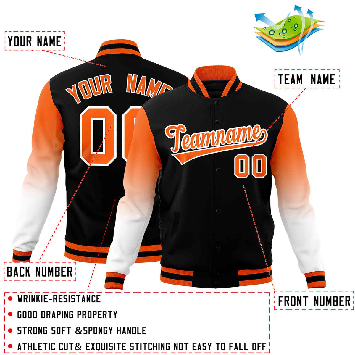 Custom Black Orange White Full-Snap Varsity Raglan Sleeves Gradient Letterman Jacket| KXKSHOP