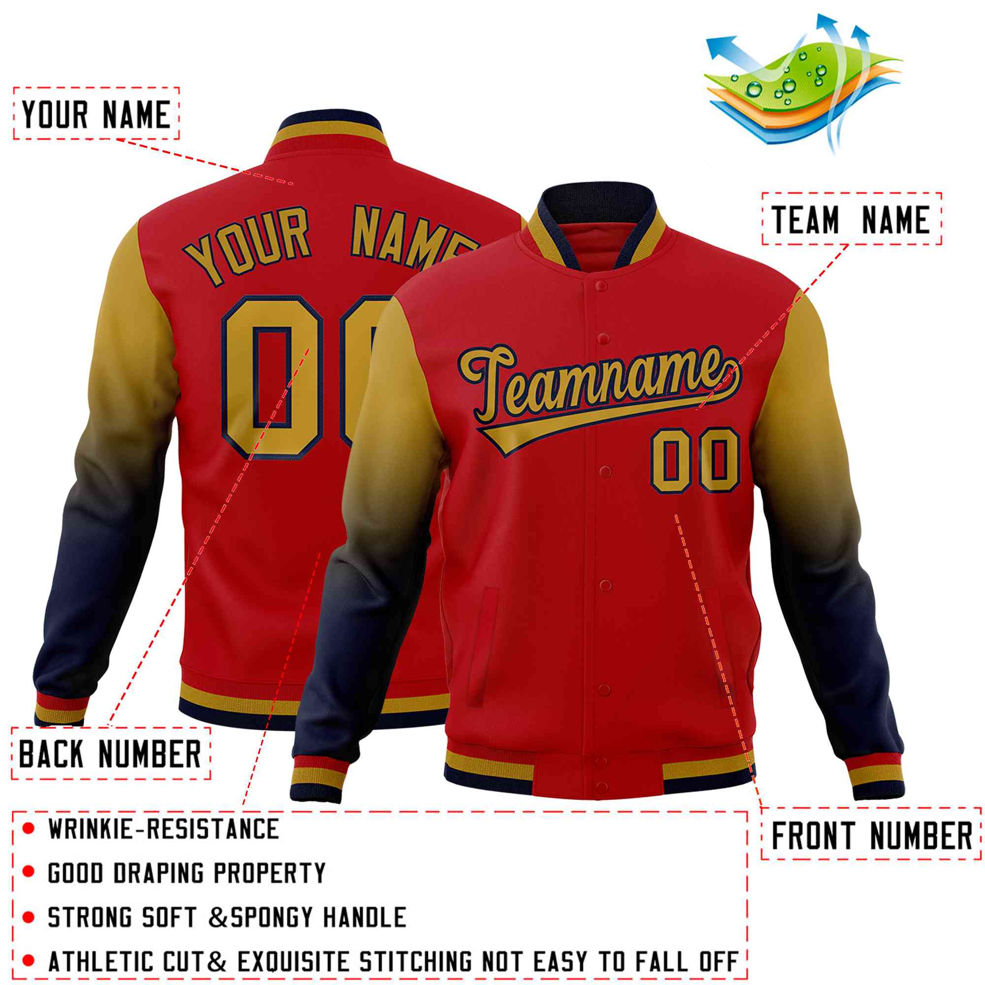 Custom Red Old Gold Navy Full-Snap Varsity Raglan Sleeves Gradient Letterman Jacket| KXKSHOP