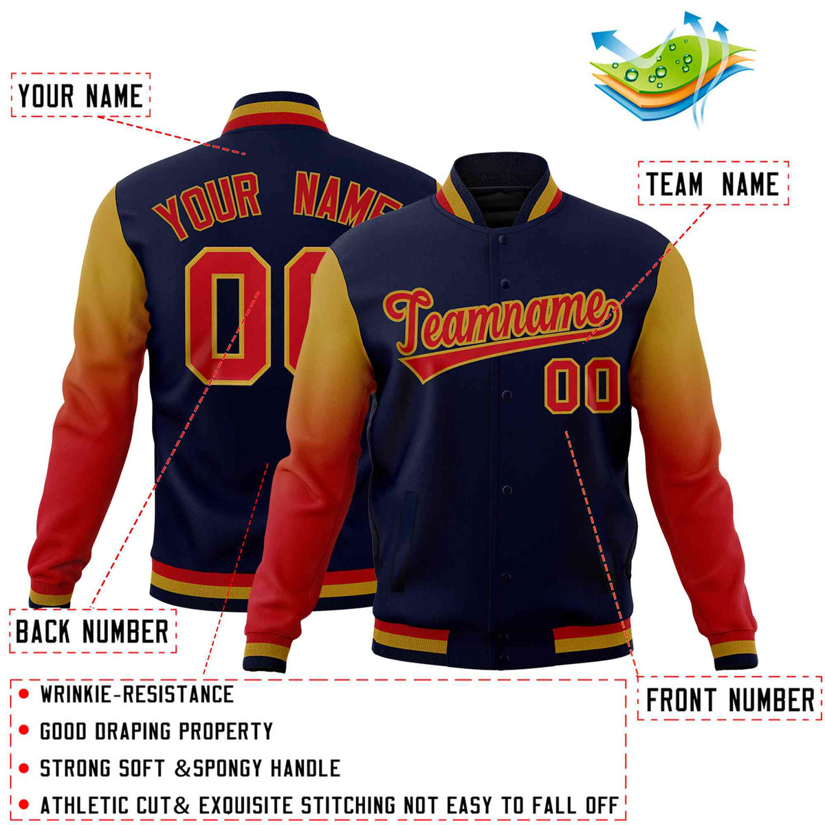 Custom Navy Red Old Gold Full-Snap Varsity Raglan Sleeves Gradient Letterman Jacket| KXKSHOP
