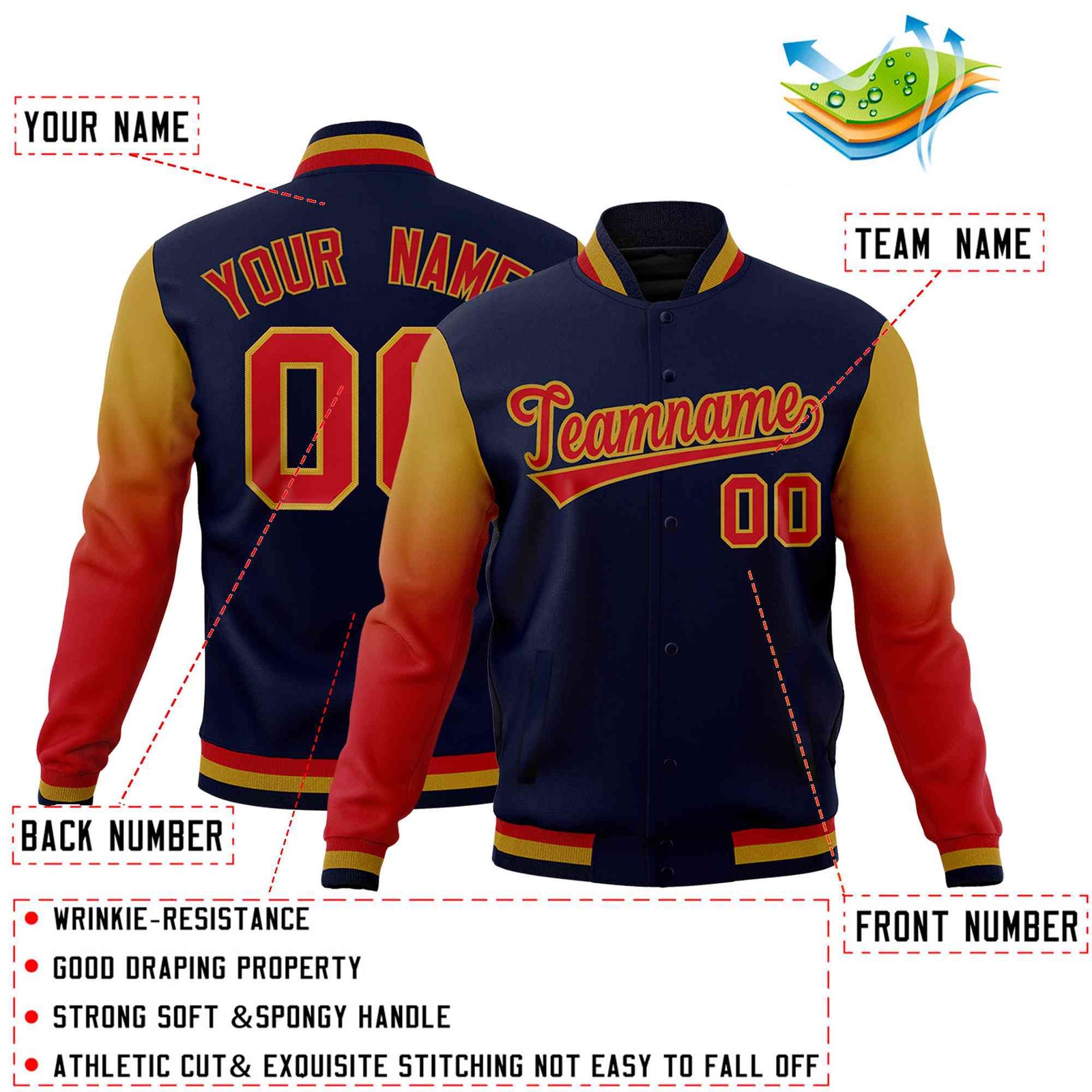 Custom Navy Red Old Gold Full-Snap Varsity Raglan Sleeves Gradient Letterman Jacket| KXKSHOP
