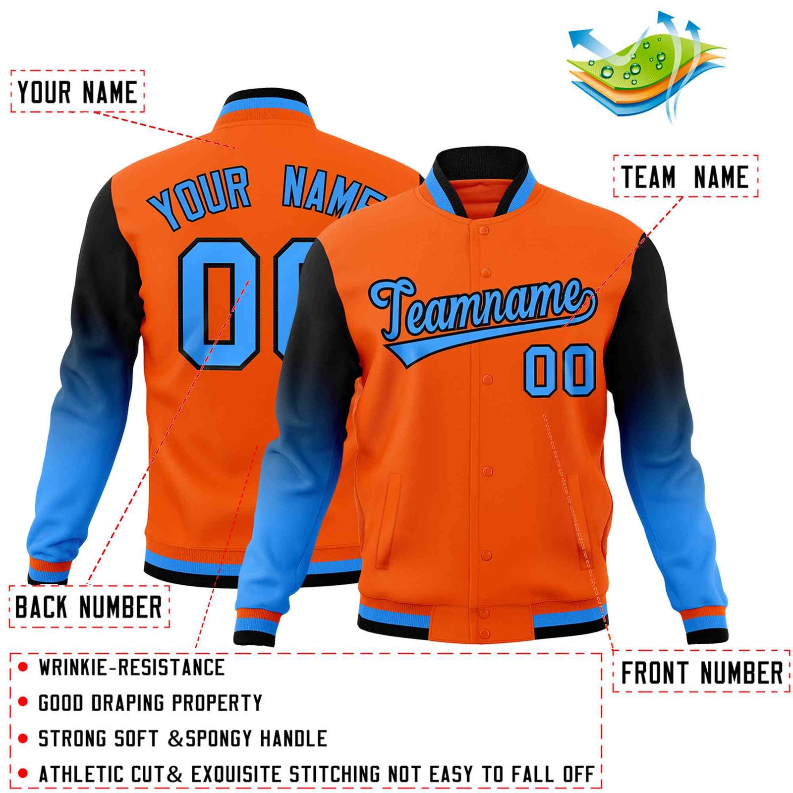 Custom Orange Powder Blue Black Full-Snap Varsity Raglan Sleeves Gradient Letterman Jacket| KXKSHOP