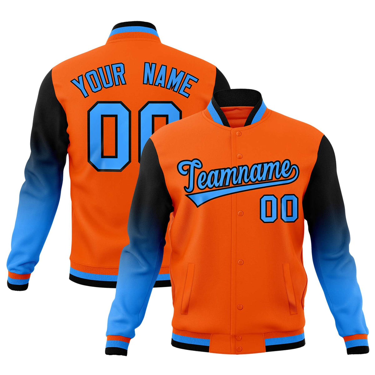 Custom Orange Powder Blue Black Full-Snap Varsity Raglan Sleeves Gradient Letterman Jacket| KXKSHOP