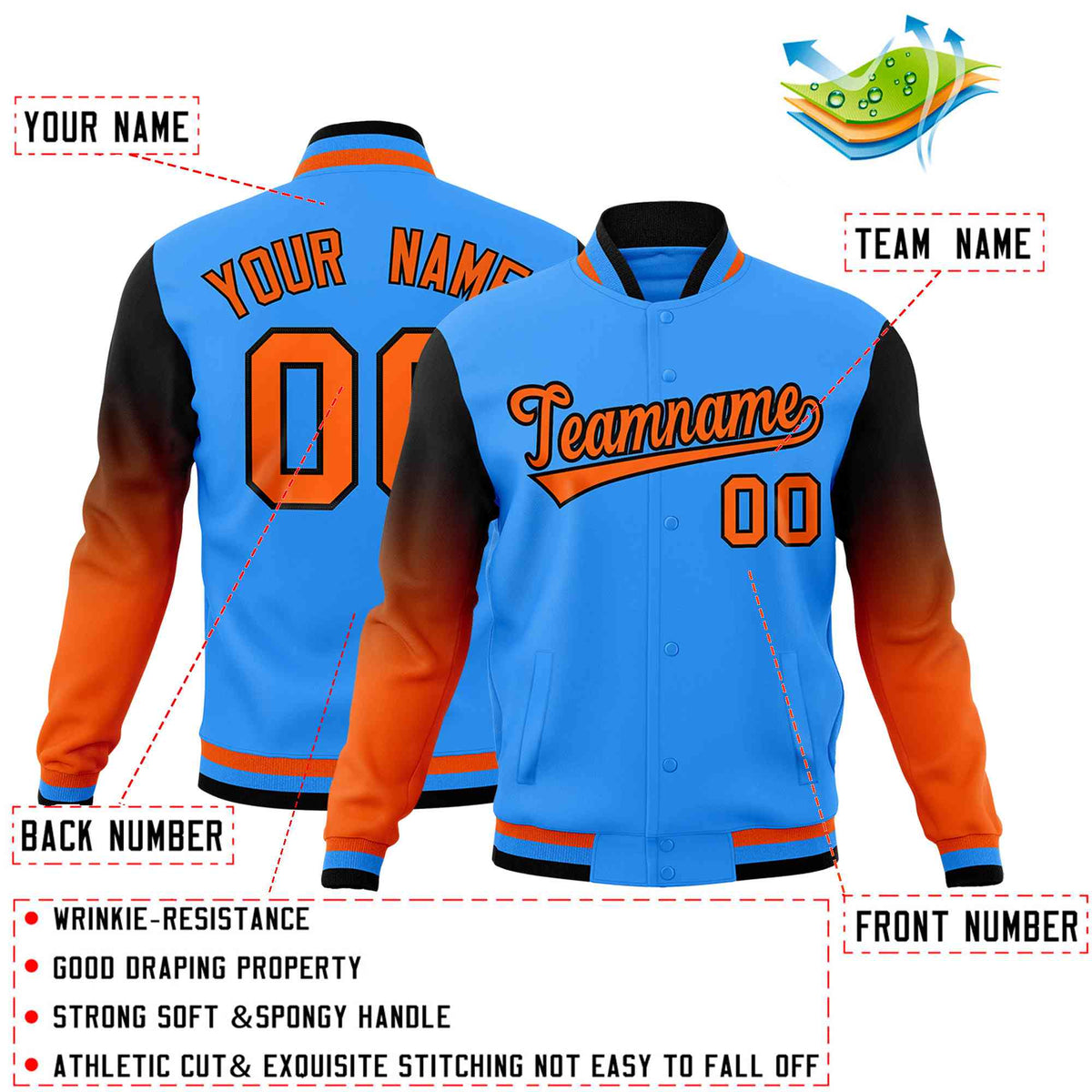Custom Powder Blue Orange Black Full-Snap Varsity Raglan Sleeves Gradient Letterman Jacket| KXKSHOP