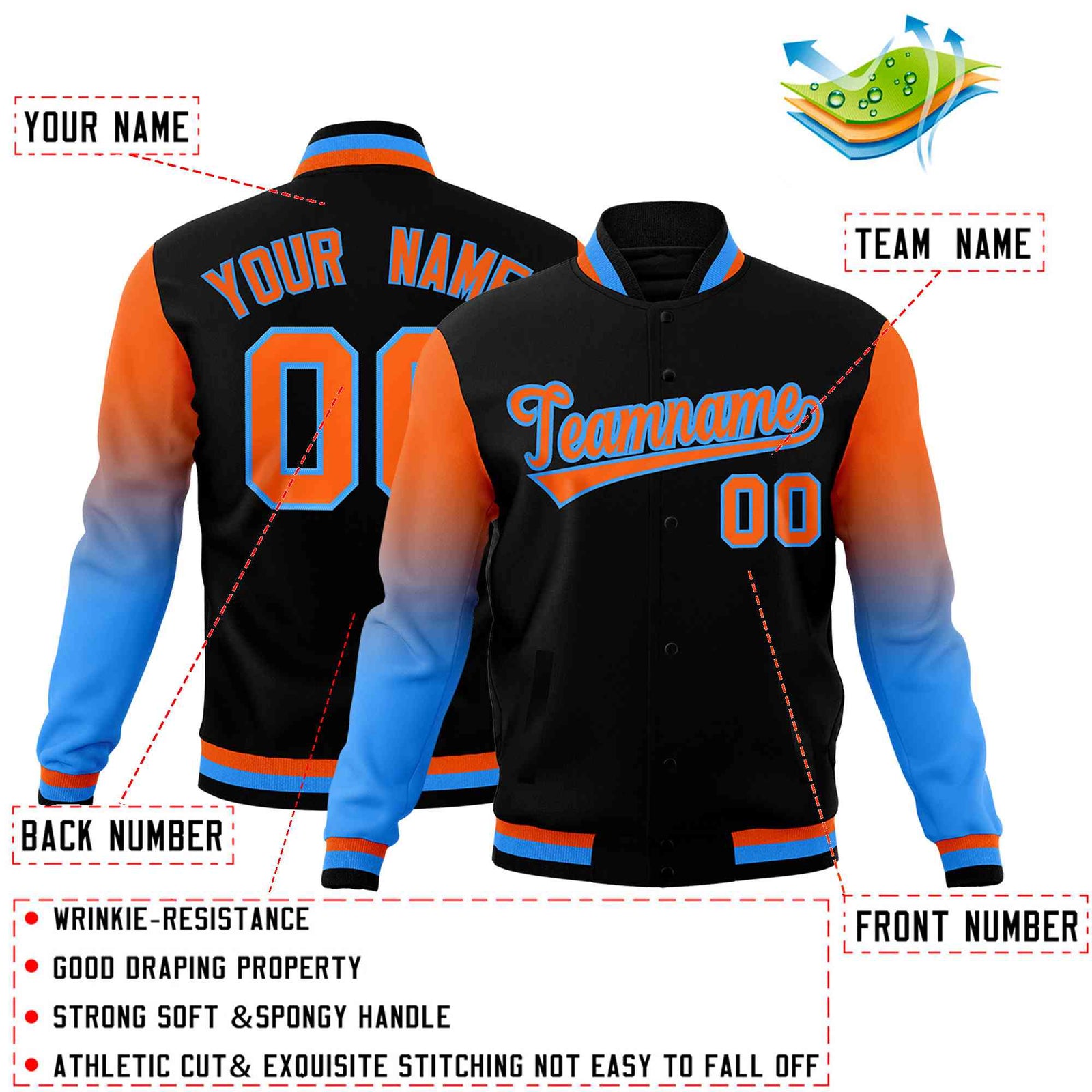Custom Black Orange Powder Blue Full-Snap Varsity Raglan Sleeves Gradient Letterman Jacket| KXKSHOP