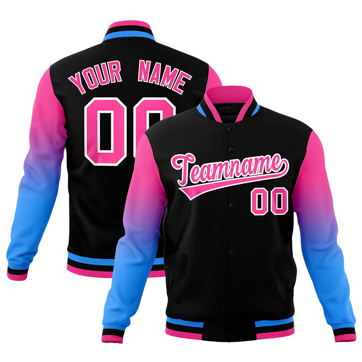 Custom Black Pink White Full-Snap Varsity Raglan Sleeves Gradient Letterman Jacket| KXKSHOP