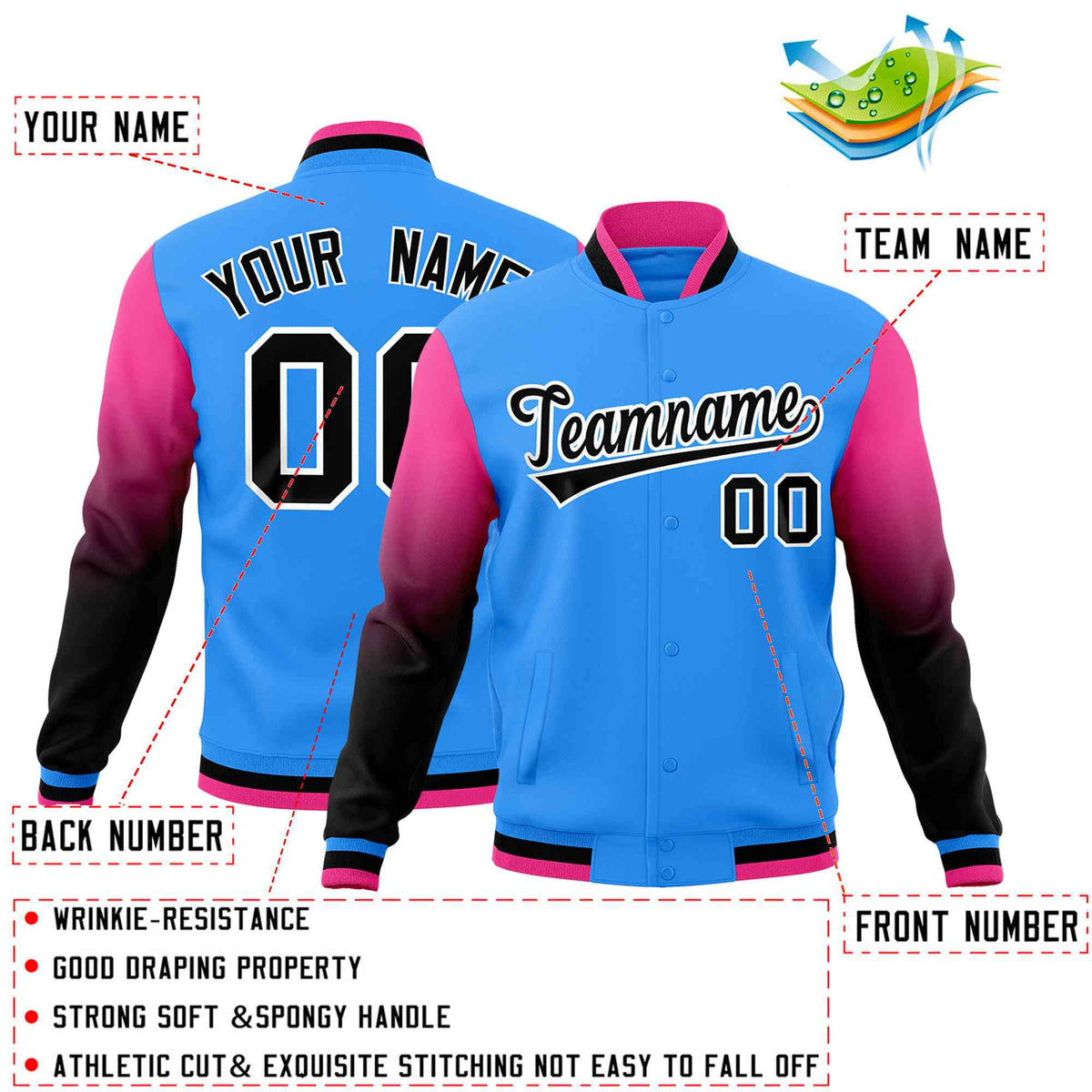 Custom Powder Blue Black White Full-Snap Varsity Raglan Sleeves Gradient Letterman Jacket| KXKSHOP