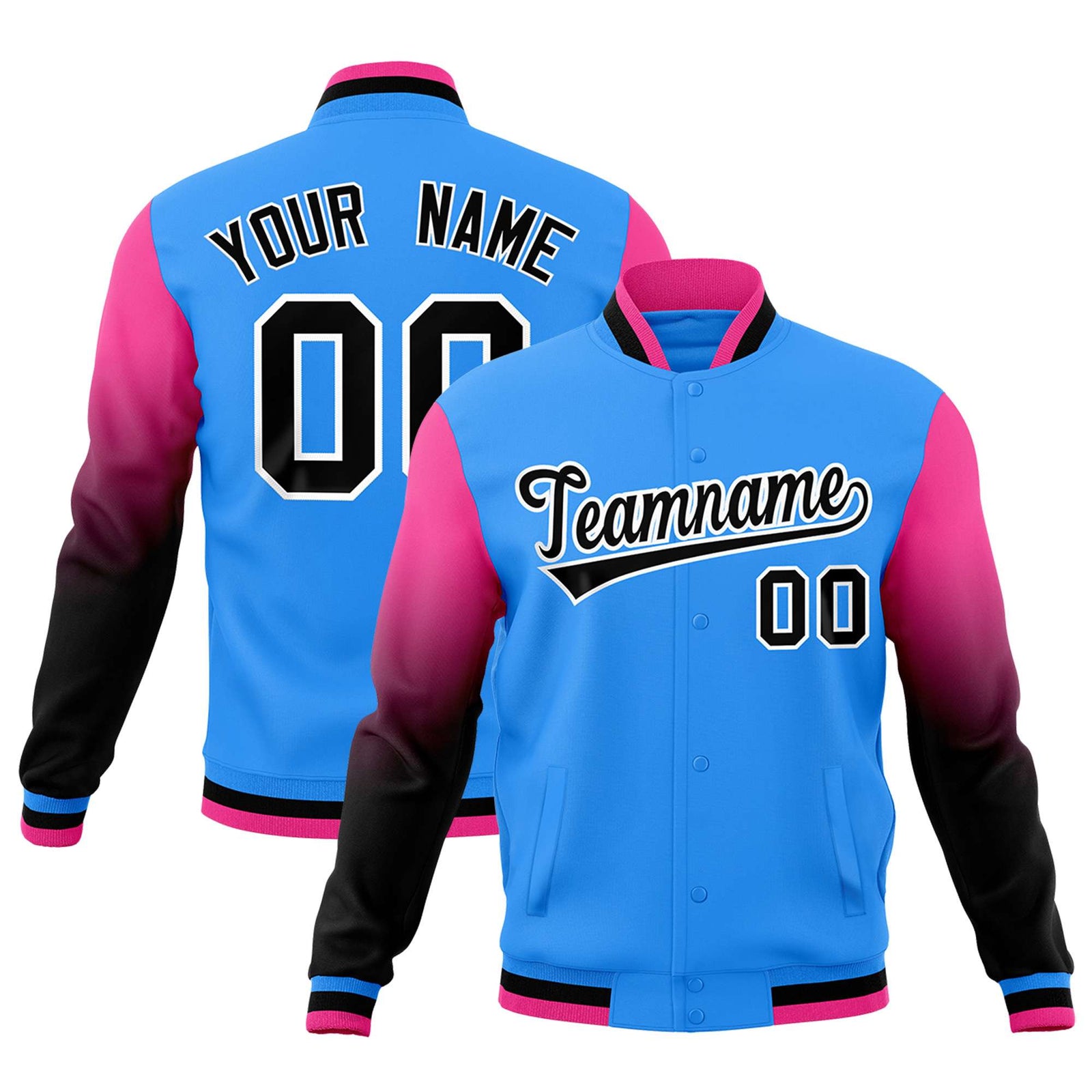 Custom Powder Blue Black White Full-Snap Varsity Raglan Sleeves Gradient Letterman Jacket| KXKSHOP