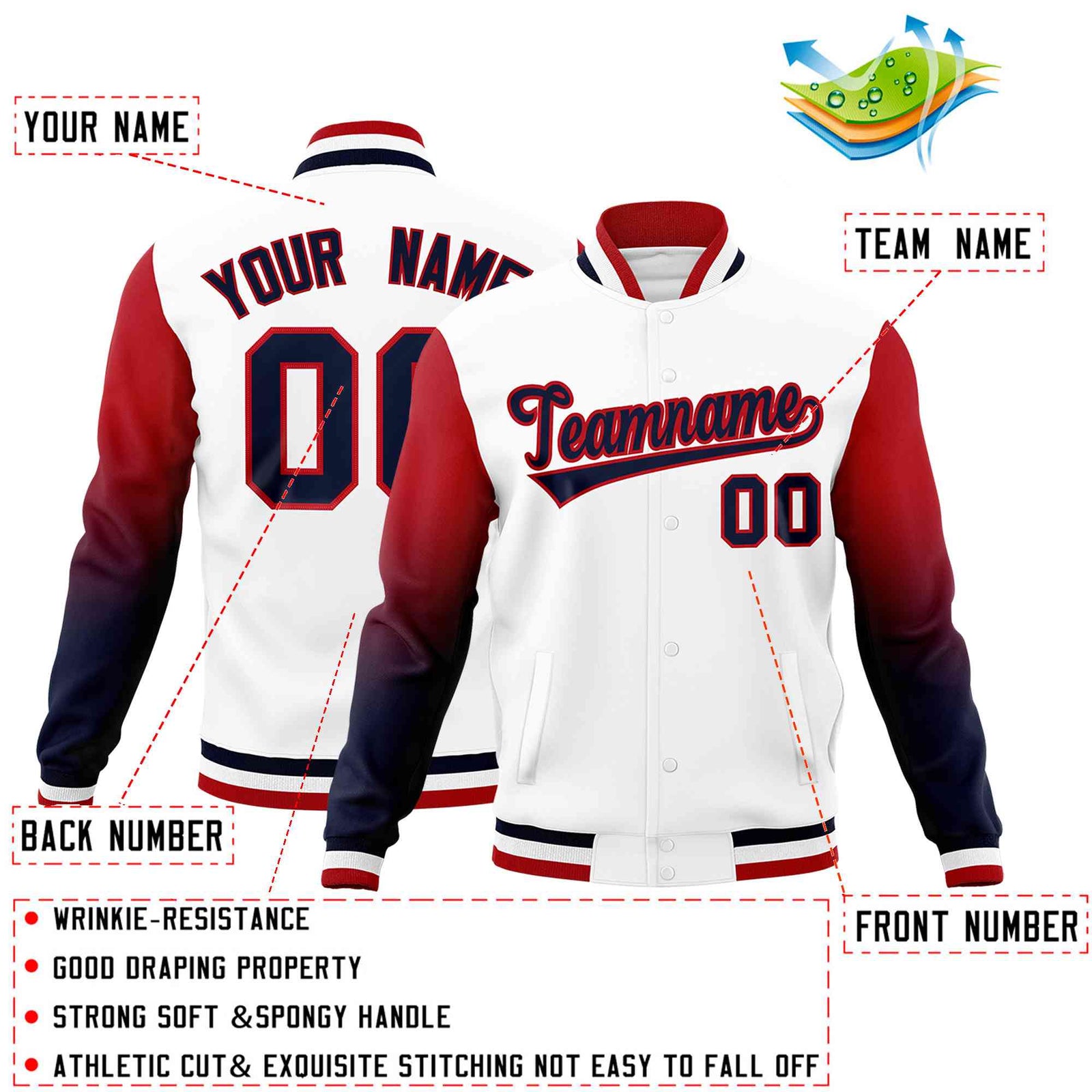 Custom White Navy Red Full-Snap Varsity Raglan Sleeves Gradient Letterman Jacket| KXKSHOP