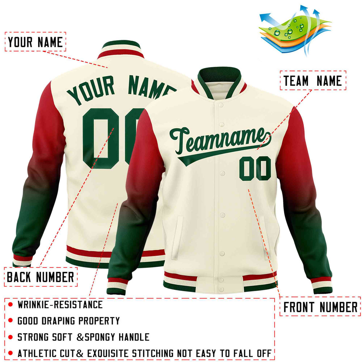 Custom Cream Green Red Full-Snap Varsity Raglan Sleeves Gradient Letterman Jacket| KXKSHOP
