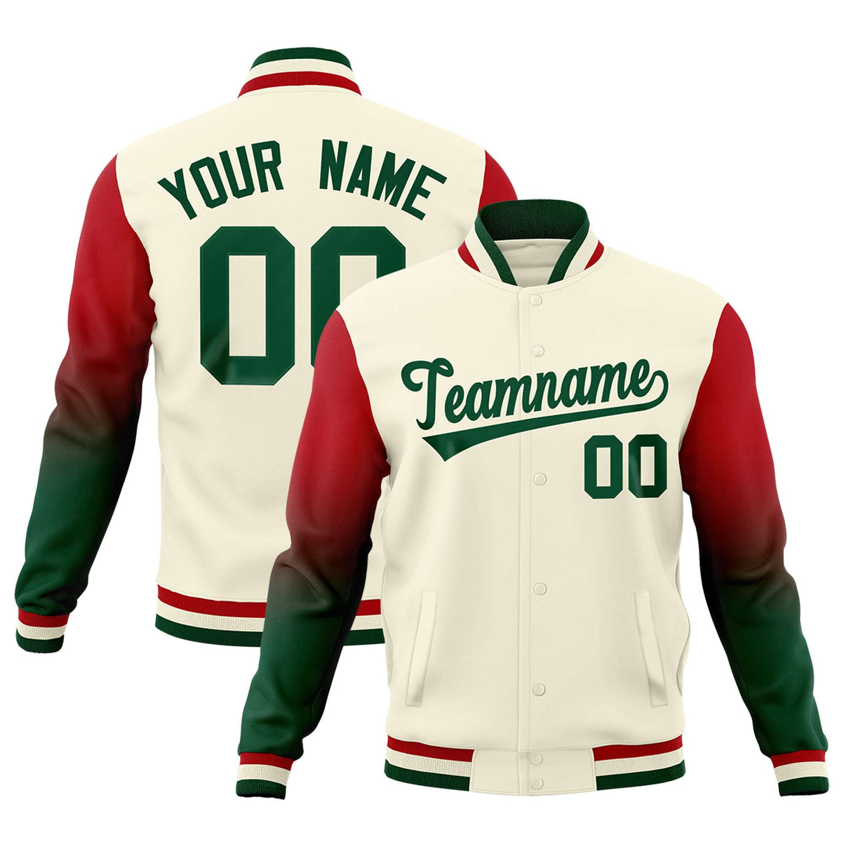 Custom Cream Green Red Full-Snap Varsity Raglan Sleeves Gradient Letterman Jacket| KXKSHOP