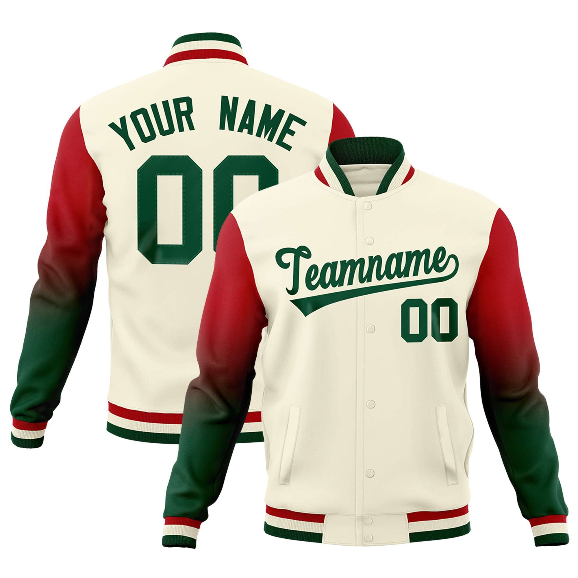 Custom Cream Green Red Full-Snap Varsity Raglan Sleeves Gradient Letterman Jacket| KXKSHOP