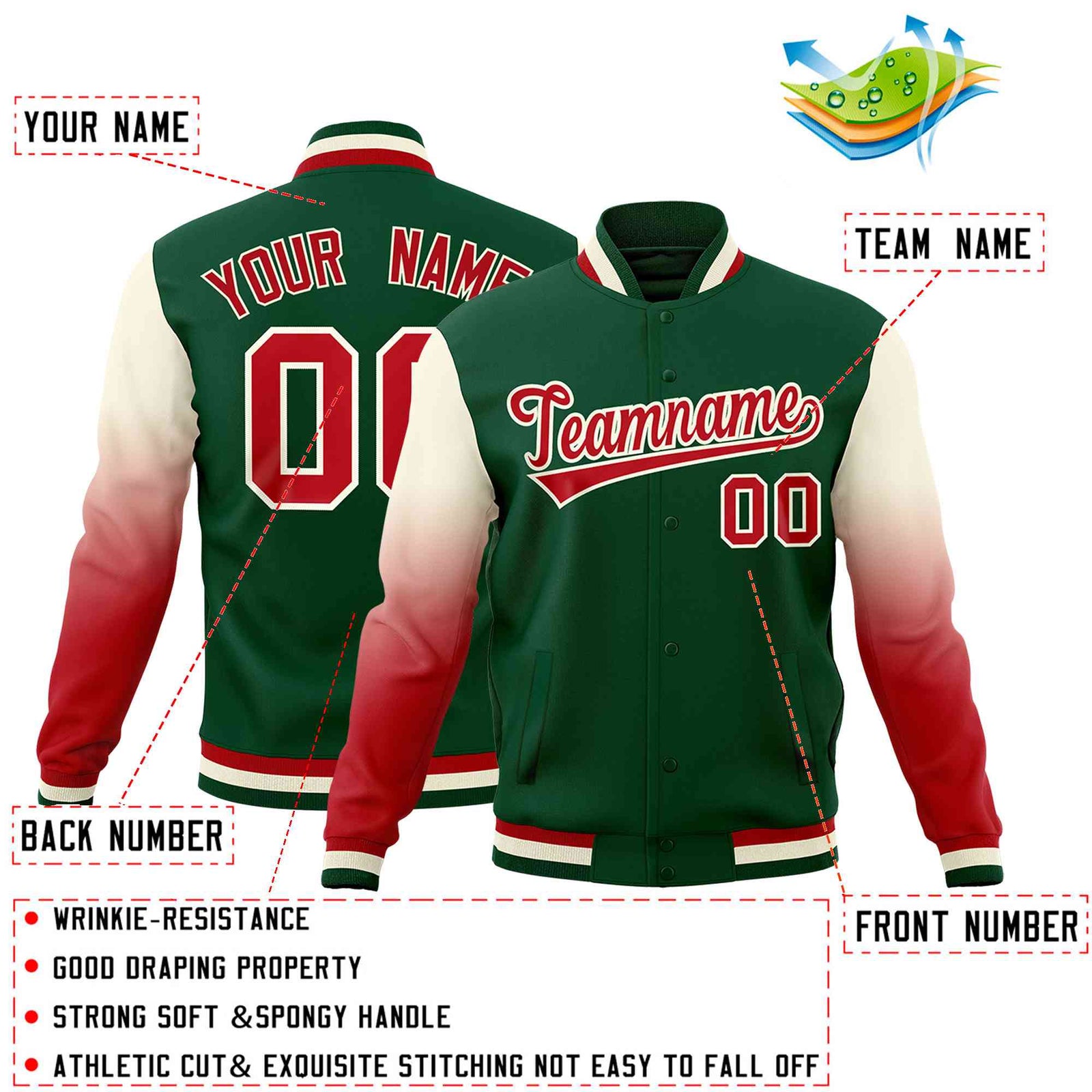 Custom Green Red Cream Full-Snap Varsity Raglan Sleeves Gradient Letterman Jacket| KXKSHOP