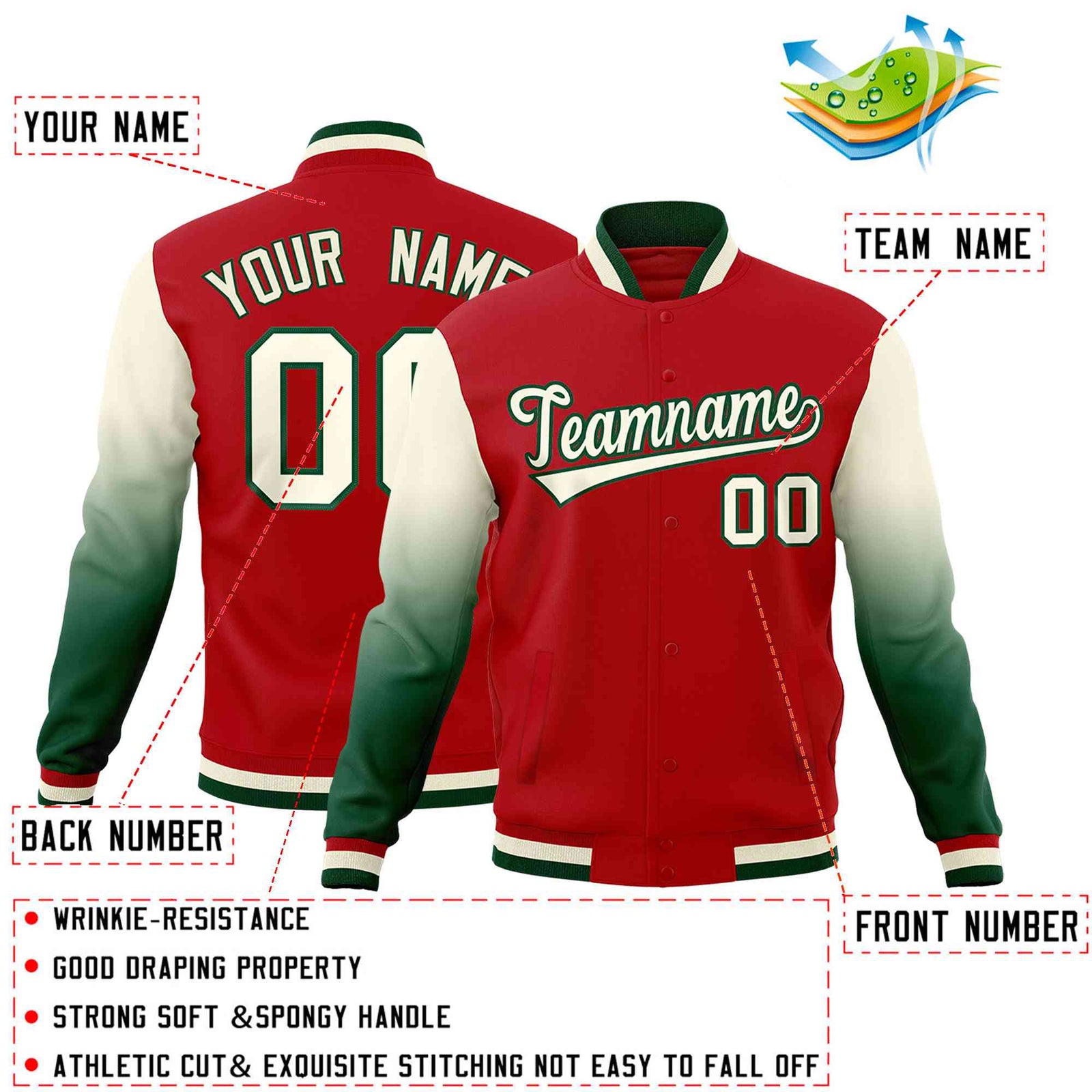 Custom Red Cream Green Full-Snap Varsity Raglan Sleeves Gradient Letterman Jacket| KXKSHOP
