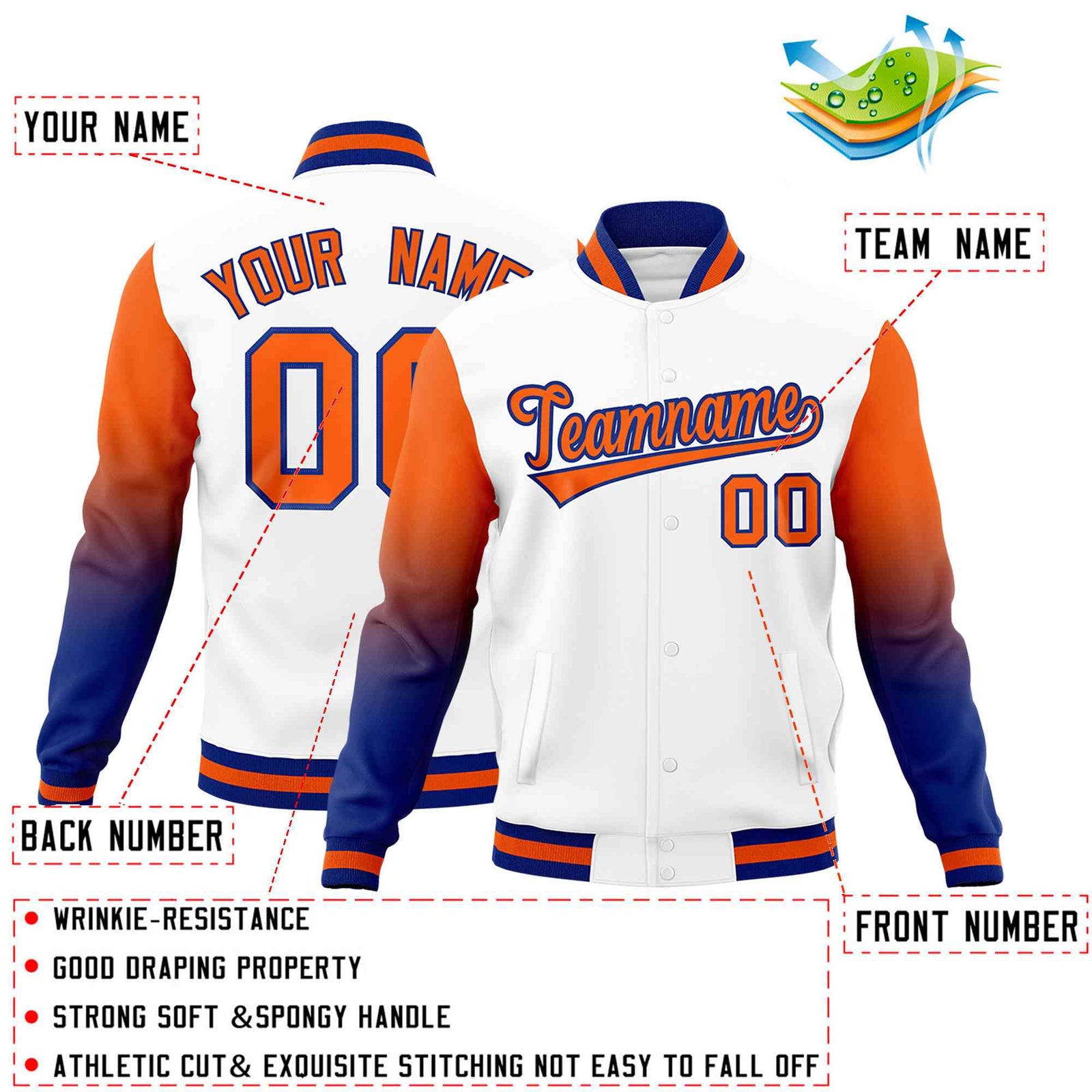 Custom White Orange Royal Blue Full-Snap Varsity Raglan Sleeves Gradient Letterman Jacket| KXKSHOP