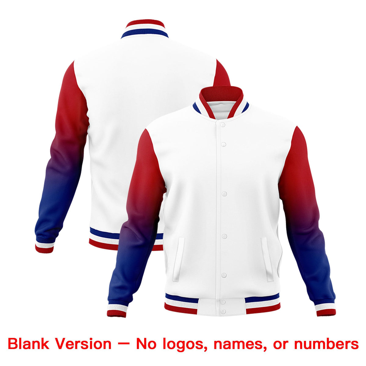 Custom White Red Royal Full-Snap Varsity Raglan Sleeves Gradient Letterman Jacket| KXKSHOP