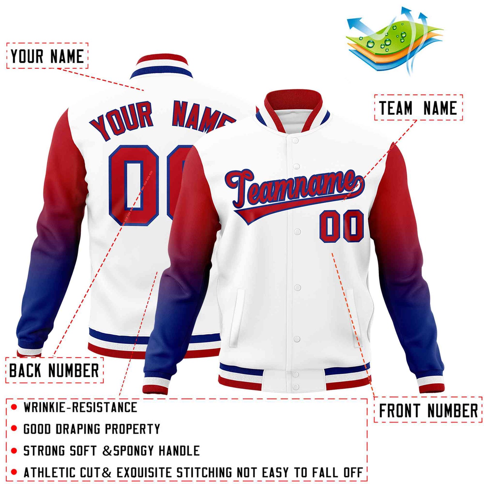 Custom White Red Royal Full-Snap Varsity Raglan Sleeves Gradient Letterman Jacket| KXKSHOP