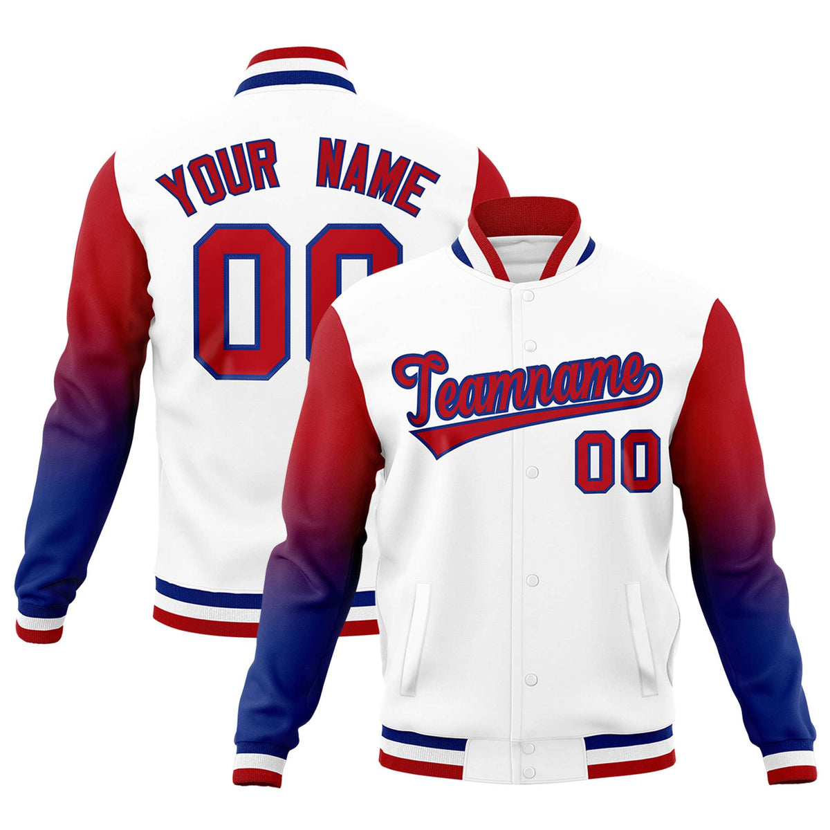 Custom White Red Royal Full-Snap Varsity Raglan Sleeves Gradient Letterman Jacket| KXKSHOP