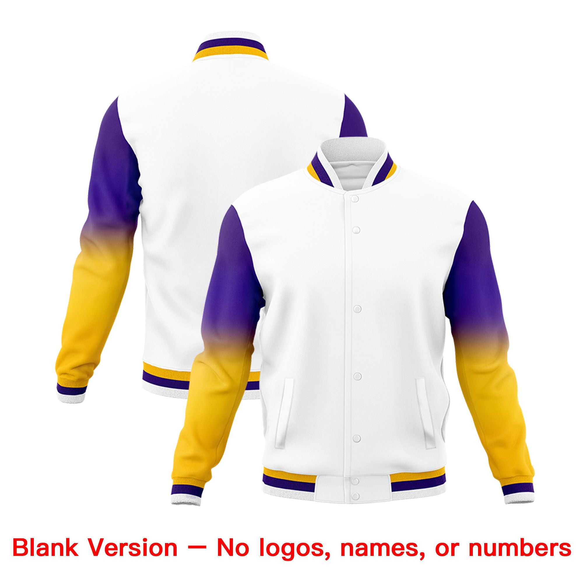 Custom White Purple Gold Full-Snap Varsity Raglan Sleeves Gradient Letterman Jacket| KXKSHOP