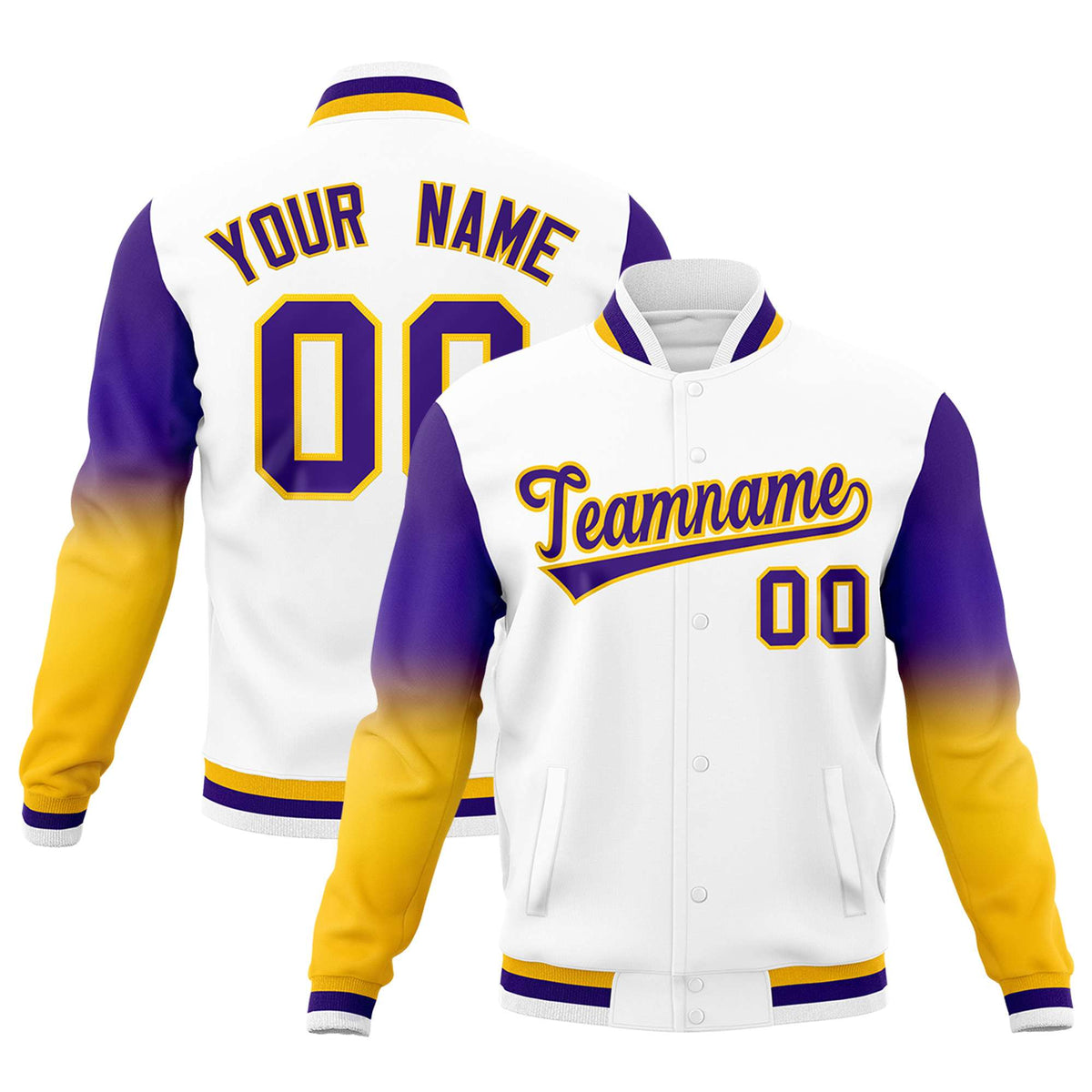 Custom White Purple Gold Full-Snap Varsity Raglan Sleeves Gradient Letterman Jacket| KXKSHOP