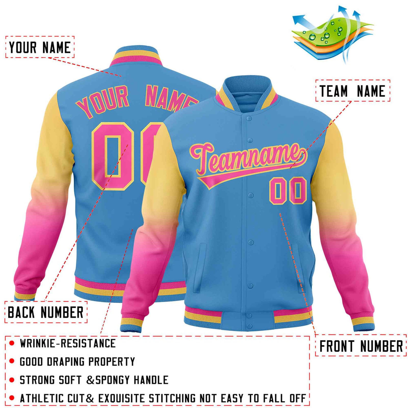 Custom Light blue Pink Cream Full-Snap Varsity Raglan Sleeves Gradient Letterman Jacket| KXKSHOP