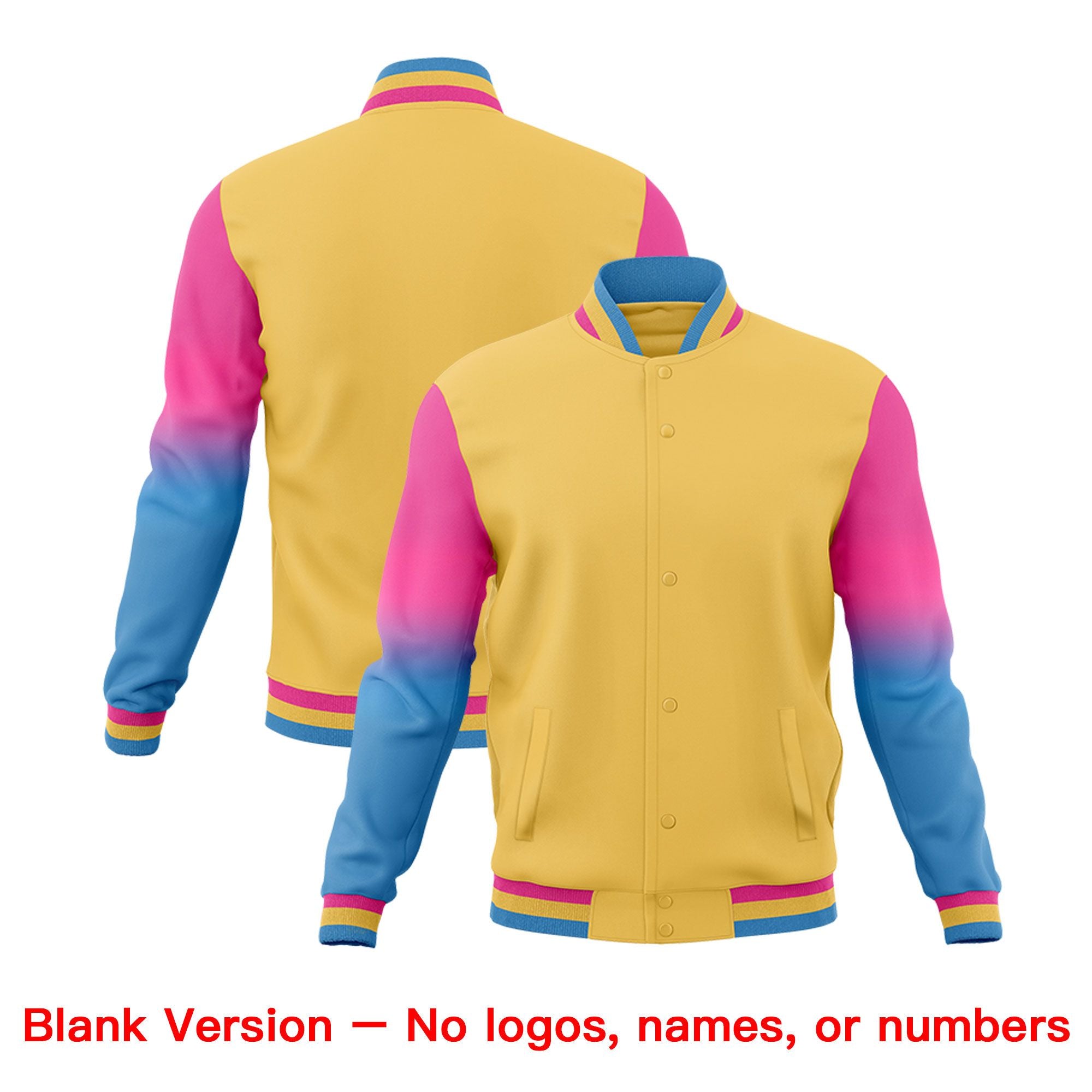 Custom Khaki Pink Light blue Full-Snap Varsity Raglan Sleeves Gradient Letterman Jacket| KXKSHOP