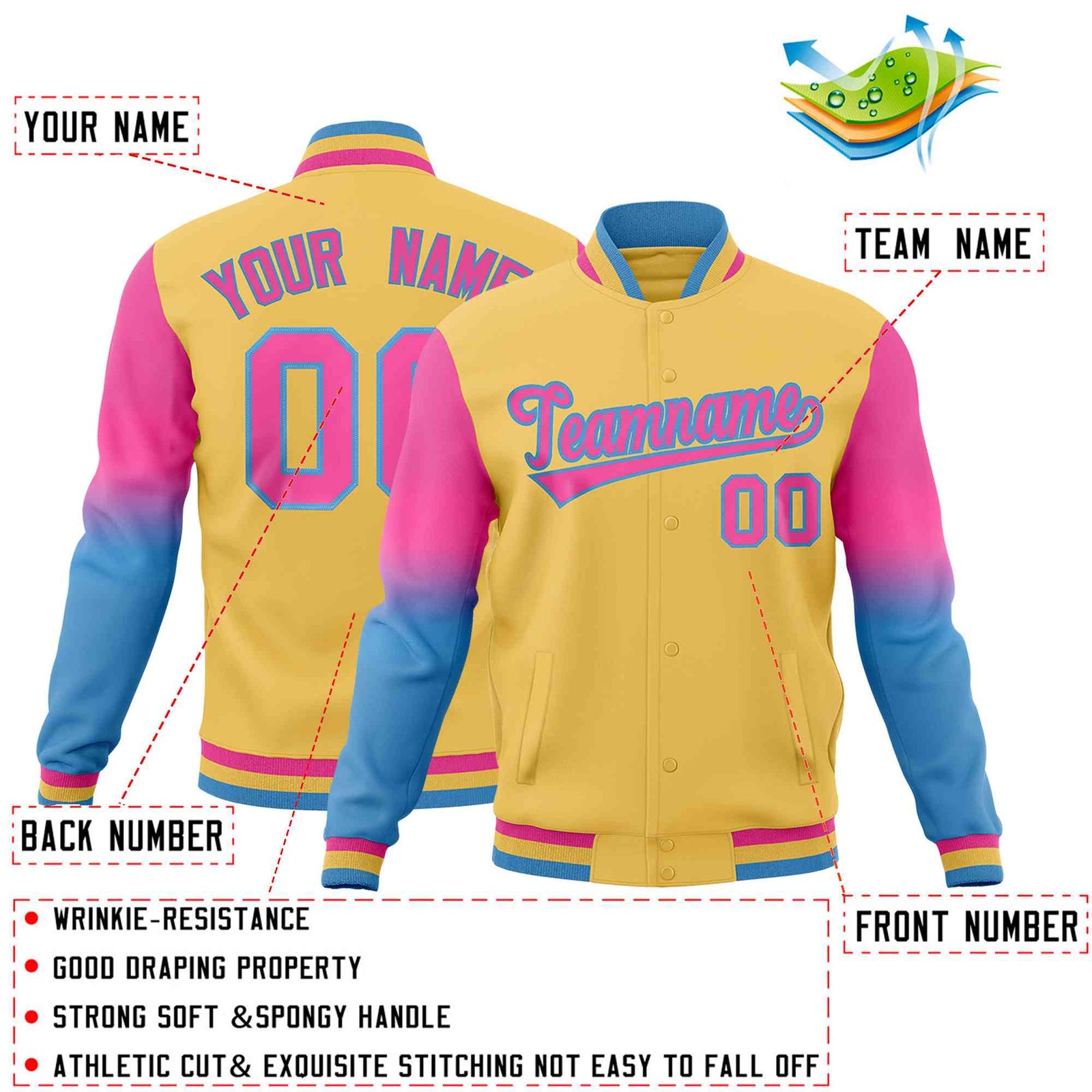 Custom Khaki Pink Light blue Full-Snap Varsity Raglan Sleeves Gradient Letterman Jacket| KXKSHOP