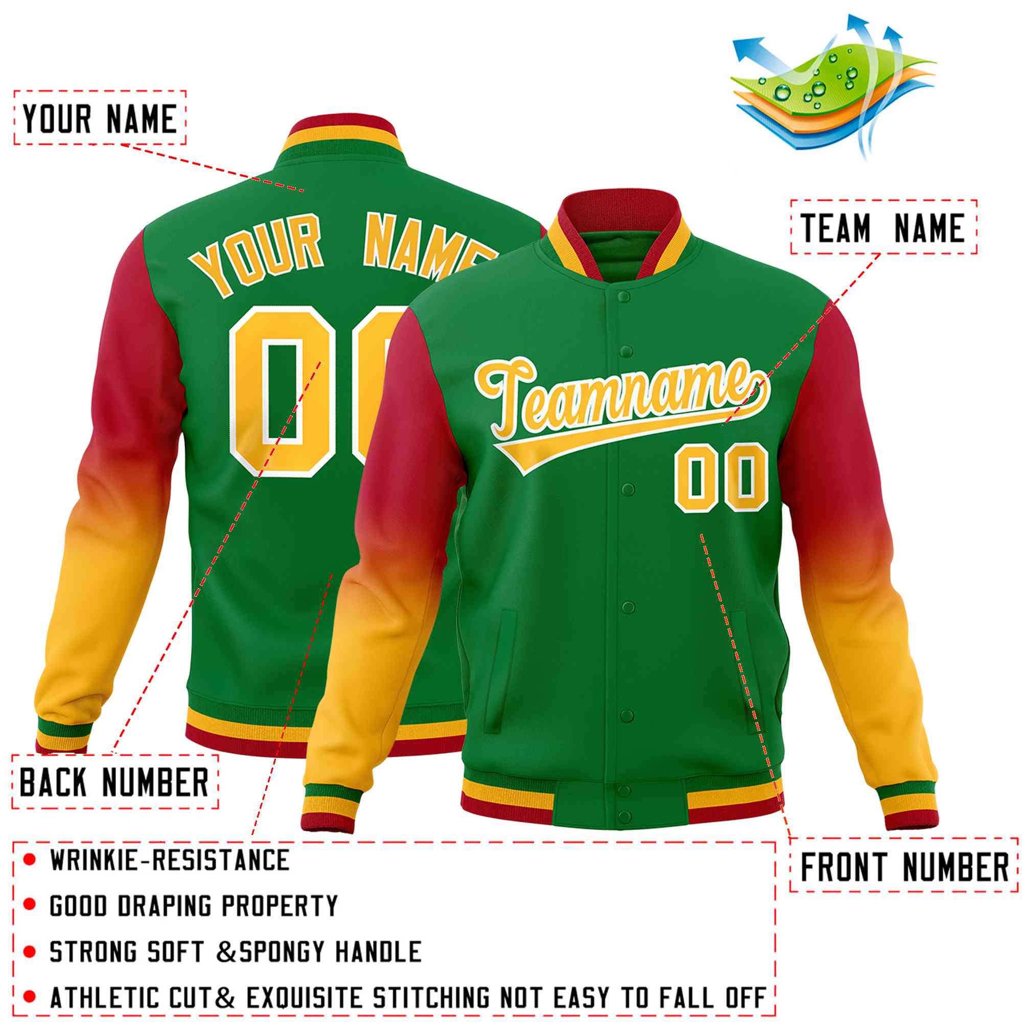 Custom Kelly Green Gold White Full-Snap Varsity Raglan Sleeves Gradient Letterman Jacket| KXKSHOP