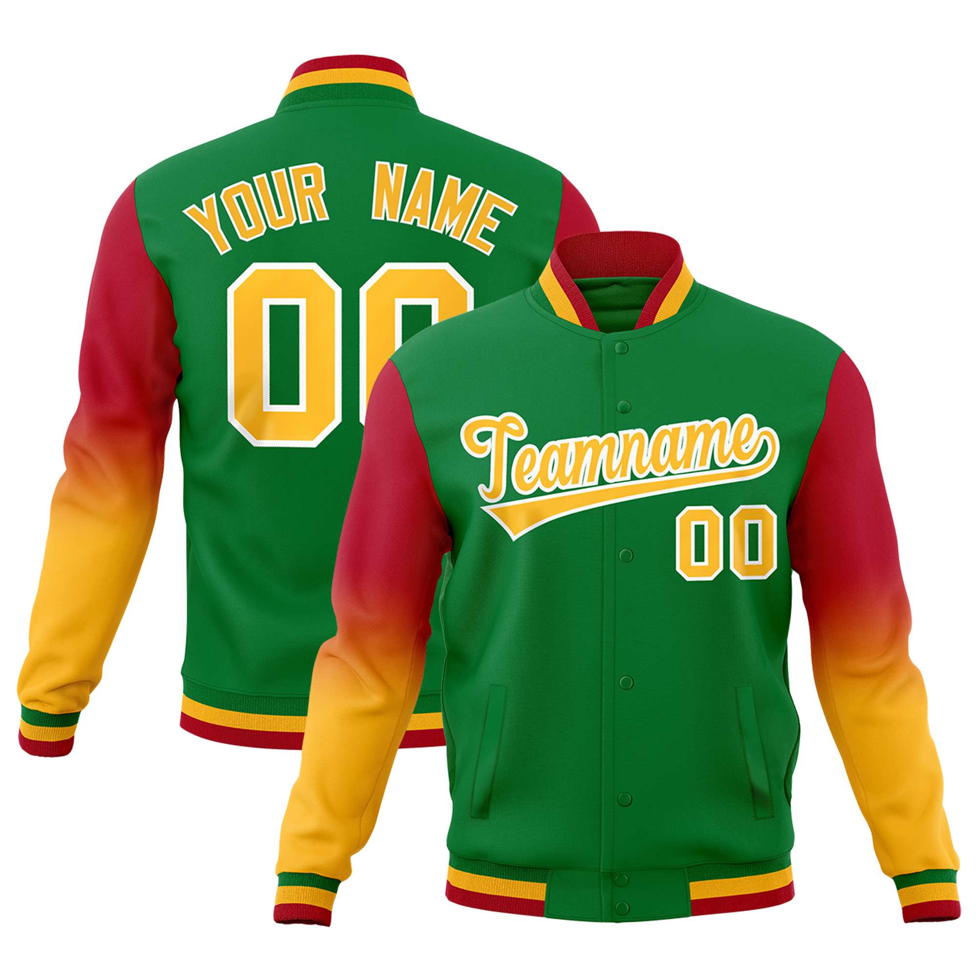 Custom Kelly Green Gold White Full-Snap Varsity Raglan Sleeves Gradient Letterman Jacket| KXKSHOP