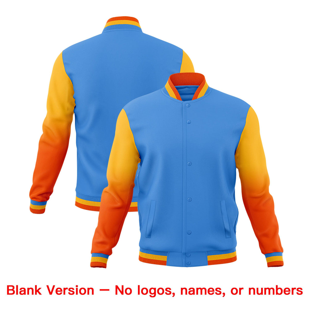 Custom Powder Blue Orange White Full-Snap Varsity Raglan Sleeves Gradient Letterman Jacket| KXKSHOP