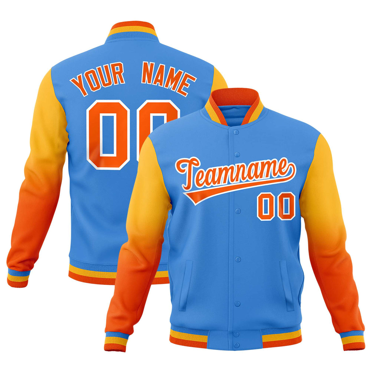 Custom Powder Blue Orange White Full-Snap Varsity Raglan Sleeves Gradient Letterman Jacket| KXKSHOP