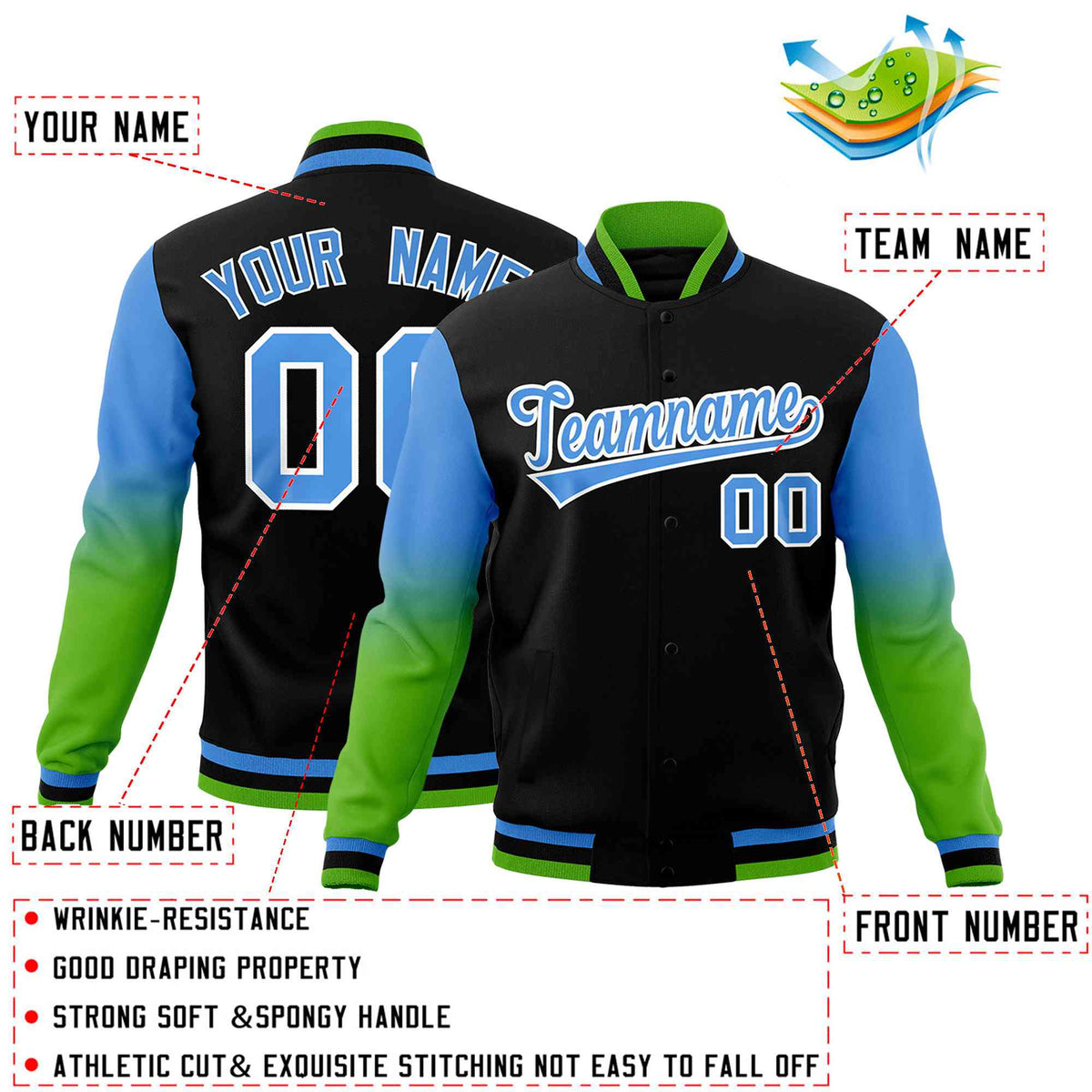 Custom Black Powder Blue White Full-Snap Varsity Raglan Sleeves Gradient Letterman Jacket| KXKSHOP