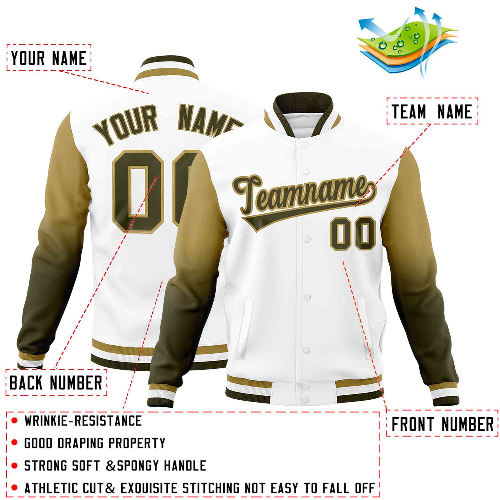 Custom White Olive Desert Yellow Full-Snap Varsity Raglan Sleeves Gradient Letterman Jacket| KXKSHOP