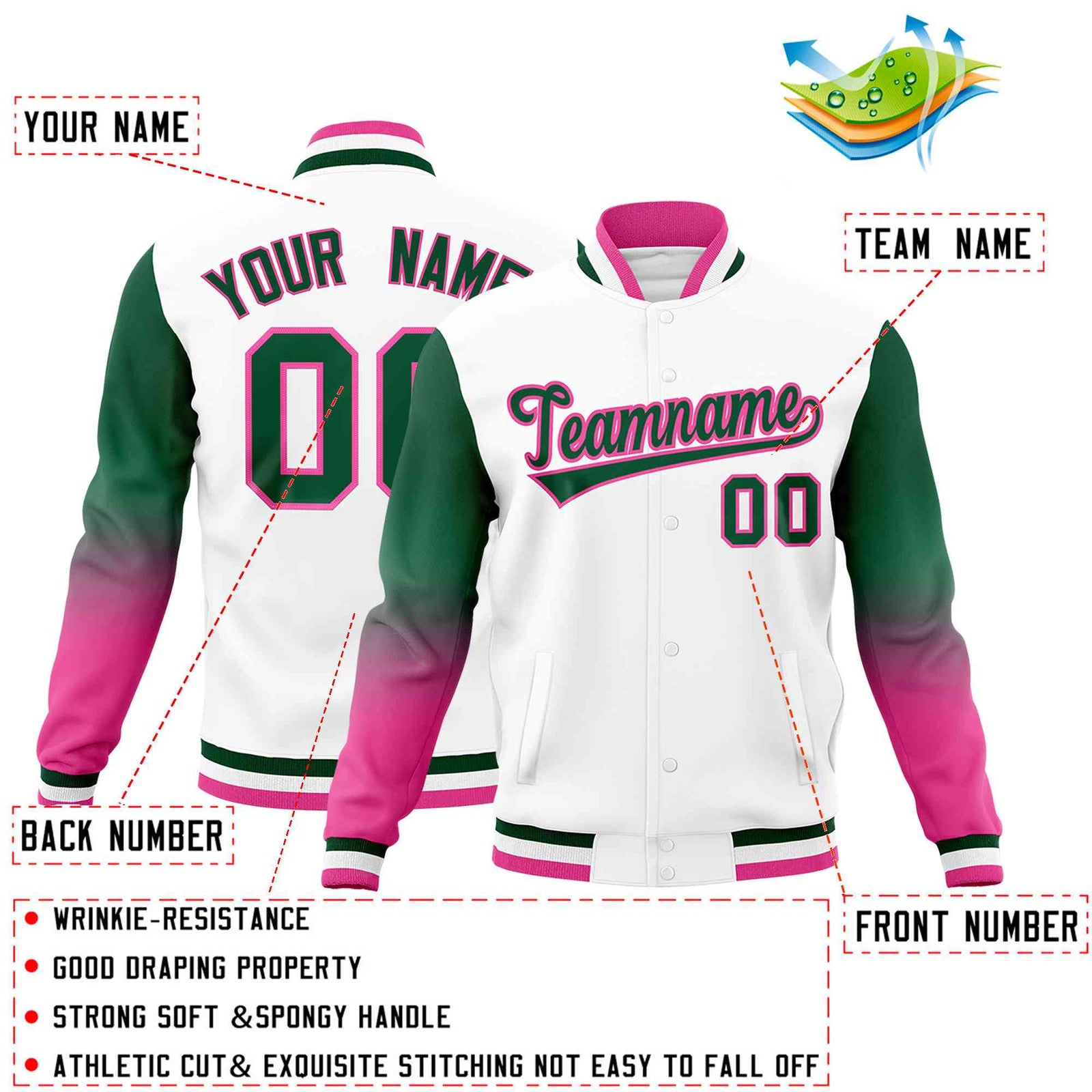Custom White Green Pink Full-Snap Varsity Raglan Sleeves Gradient Letterman Jacket| KXKSHOP