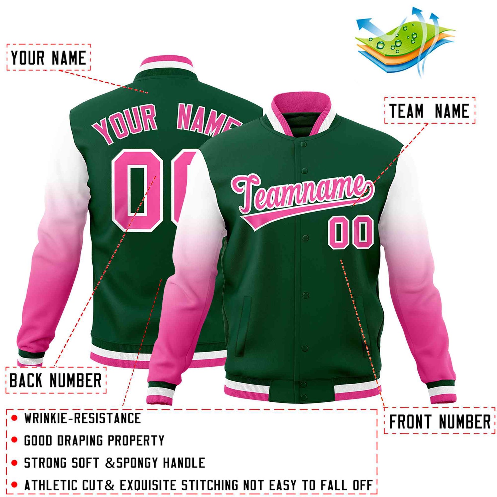 Custom Green Pink White Full-Snap Varsity Raglan Sleeves Gradient Letterman Jacket| KXKSHOP