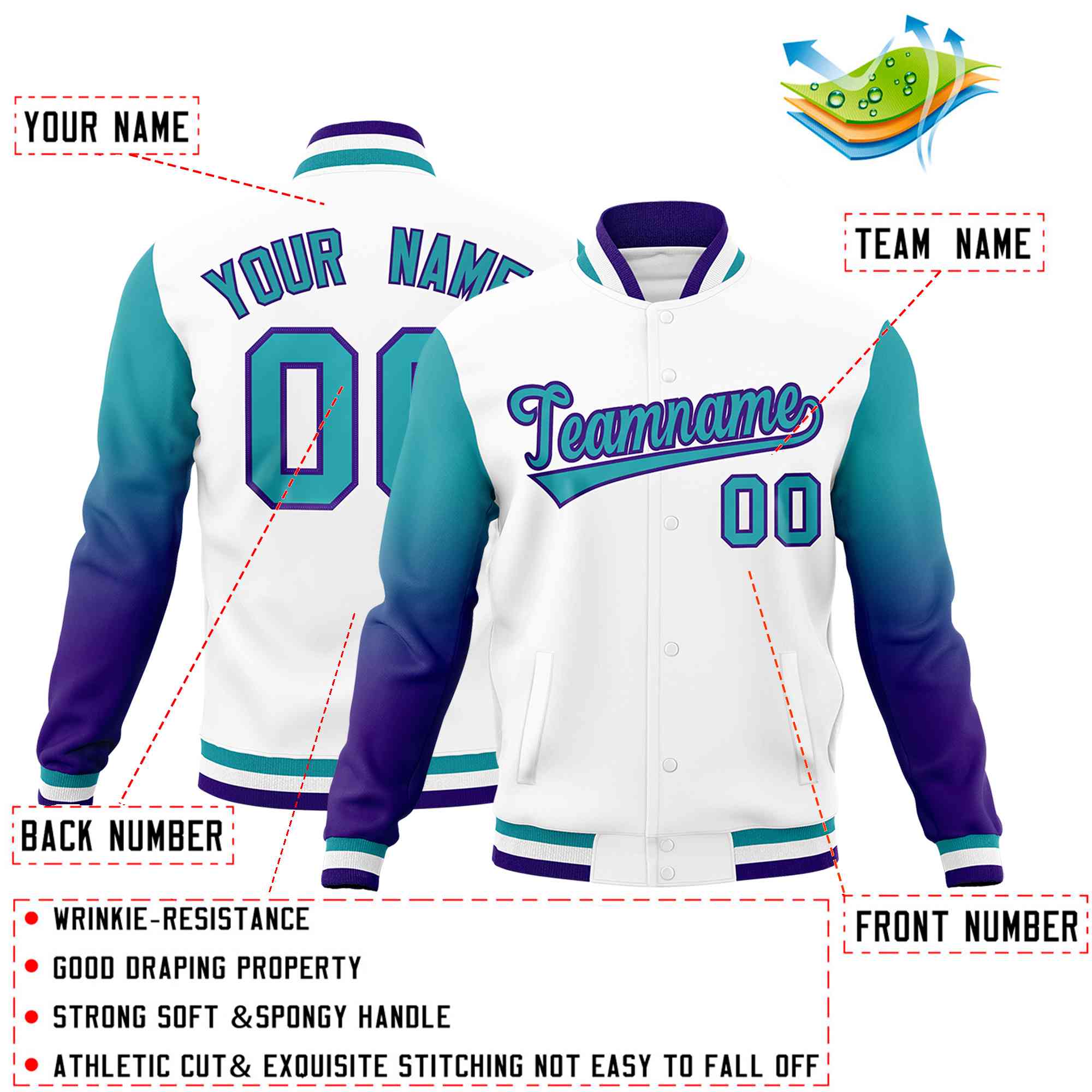 Custom White Aqua Purple Full-Snap Varsity Raglan Sleeves Gradient Letterman Jacket| KXKSHOP